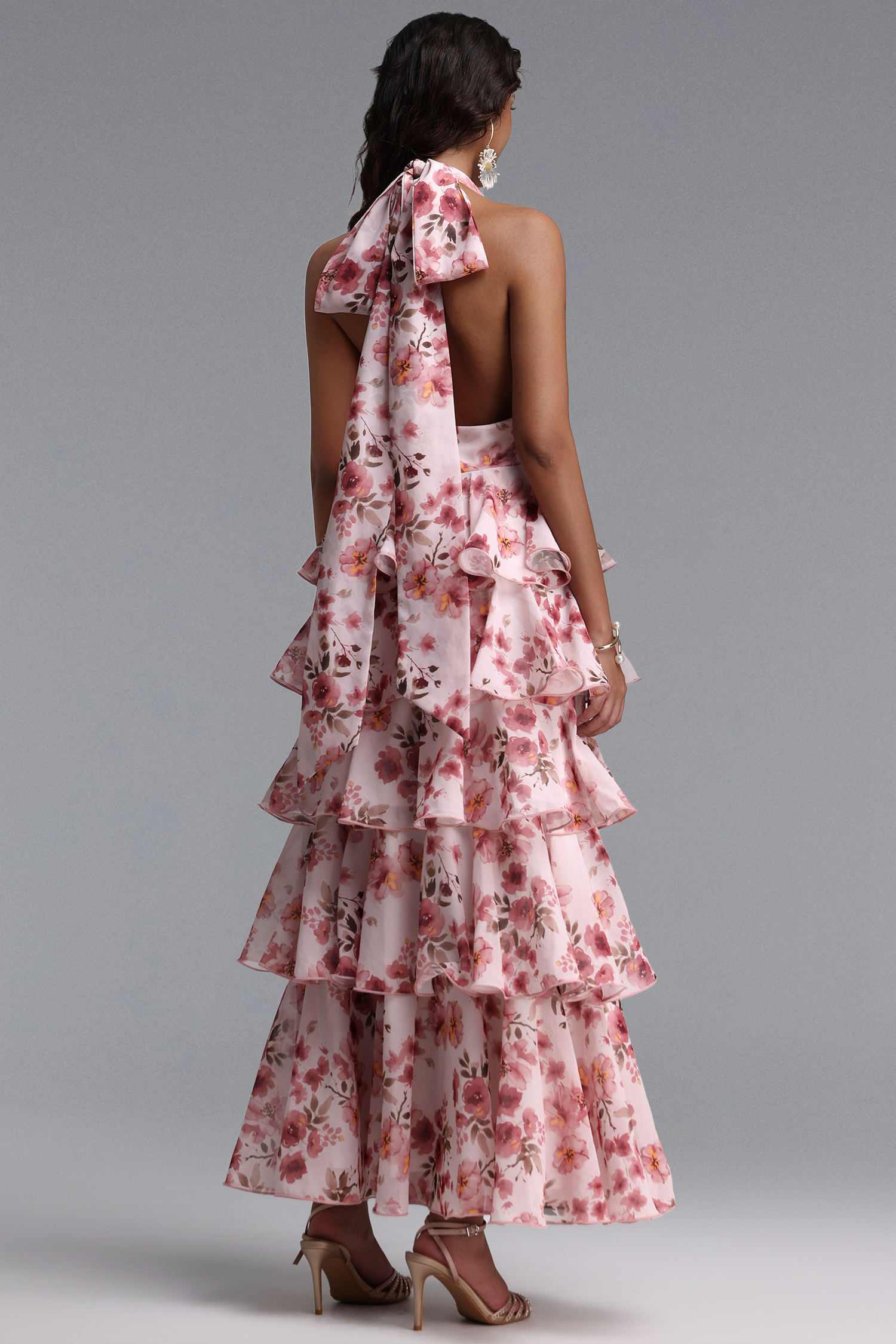 Vinly Romantic Flowy Sleeveless Tiered Ruffle Floral Print Chiffon Maxi Dress