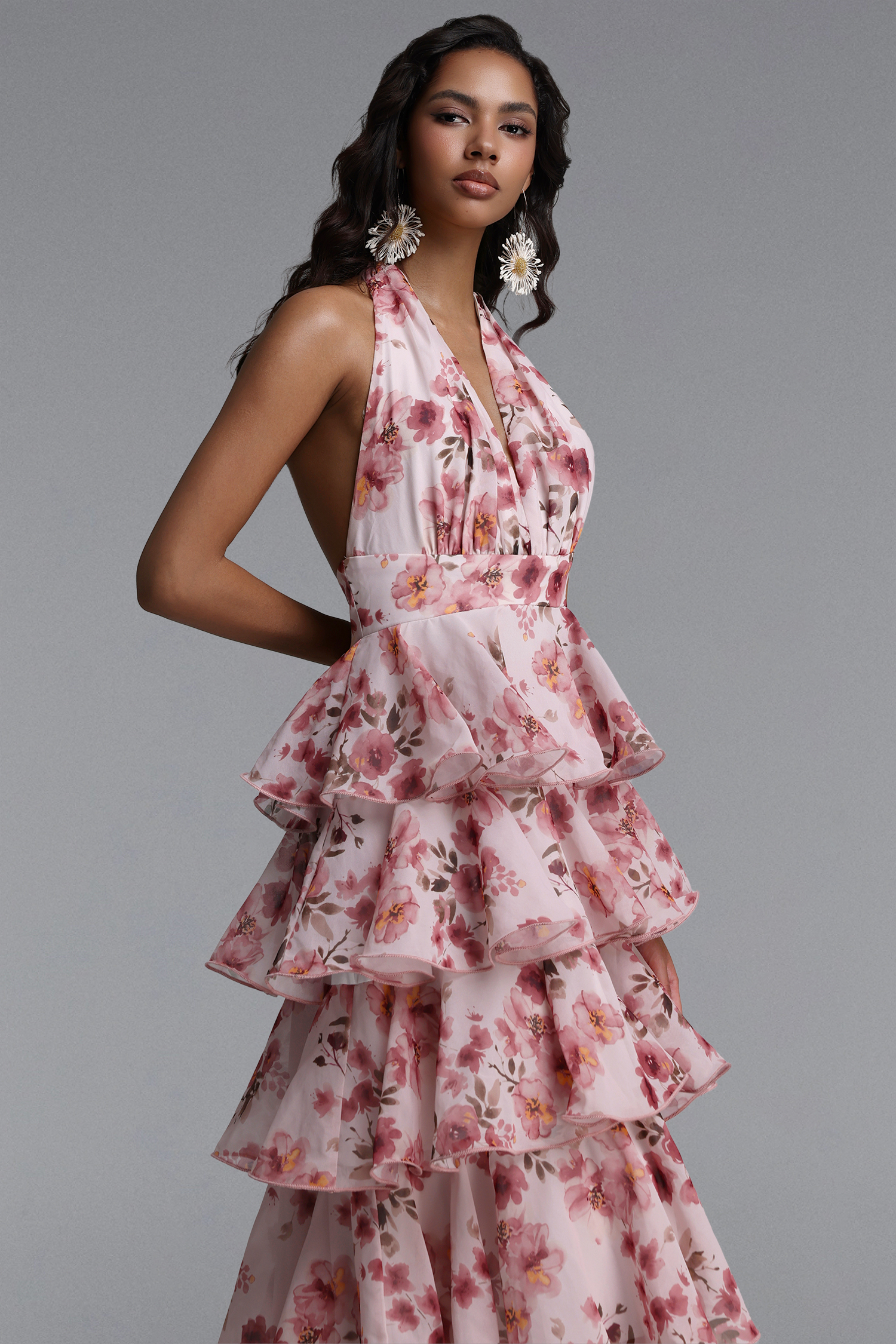 Vinly Romantic Flowy Sleeveless Tiered Ruffle Floral Print Chiffon Maxi Dress