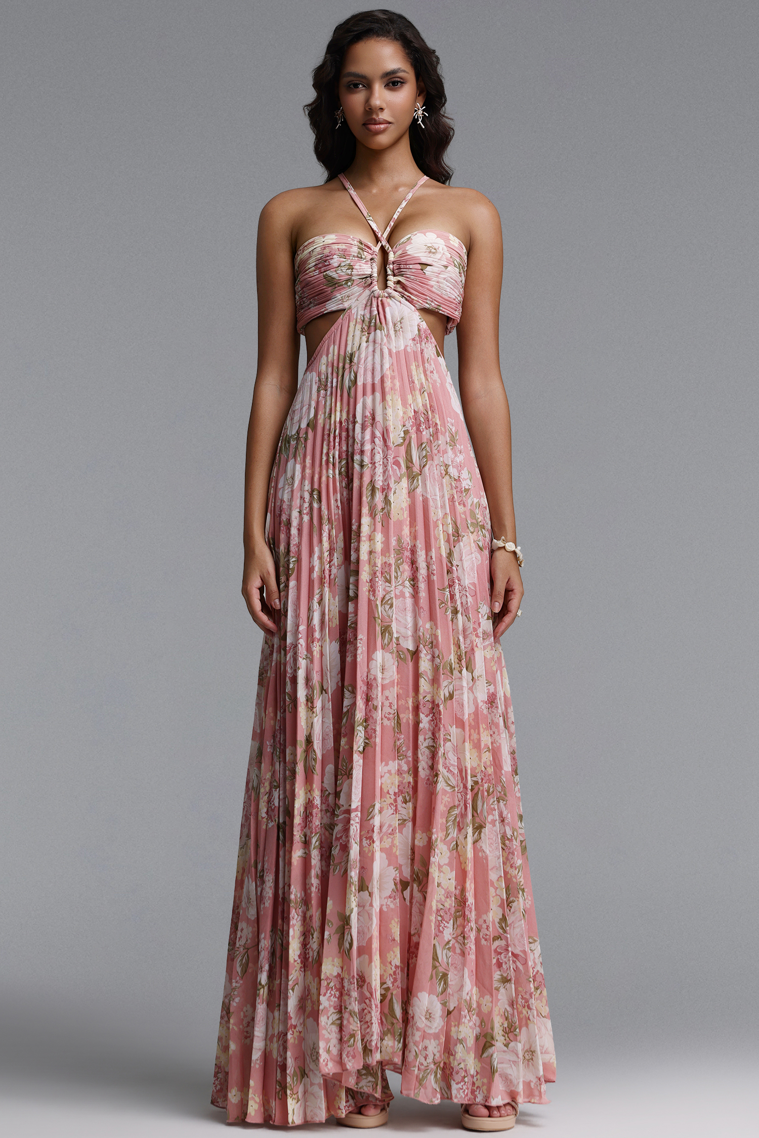 Mia Resort Flowy Spaghetti Strap Pleated Floral Print Woven Maxi Dress