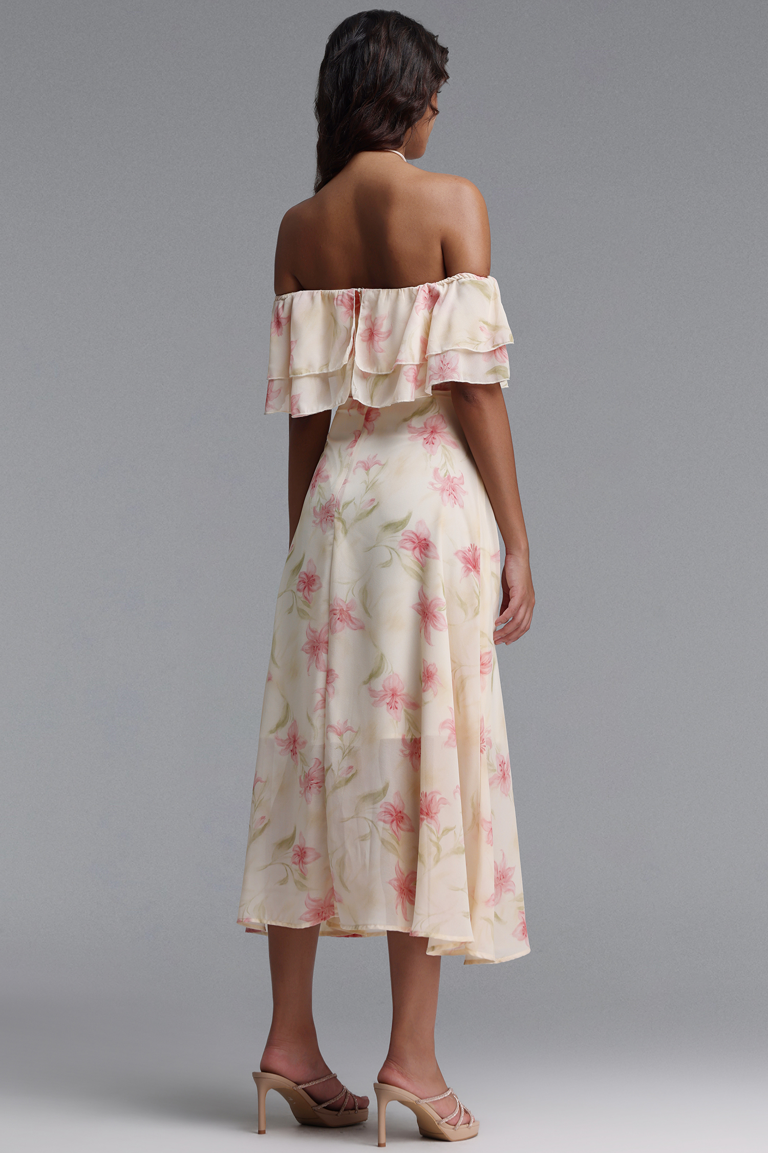 Nlia Resort Flowy Off Shoulder Floral Print Chiffon Maxi Dress