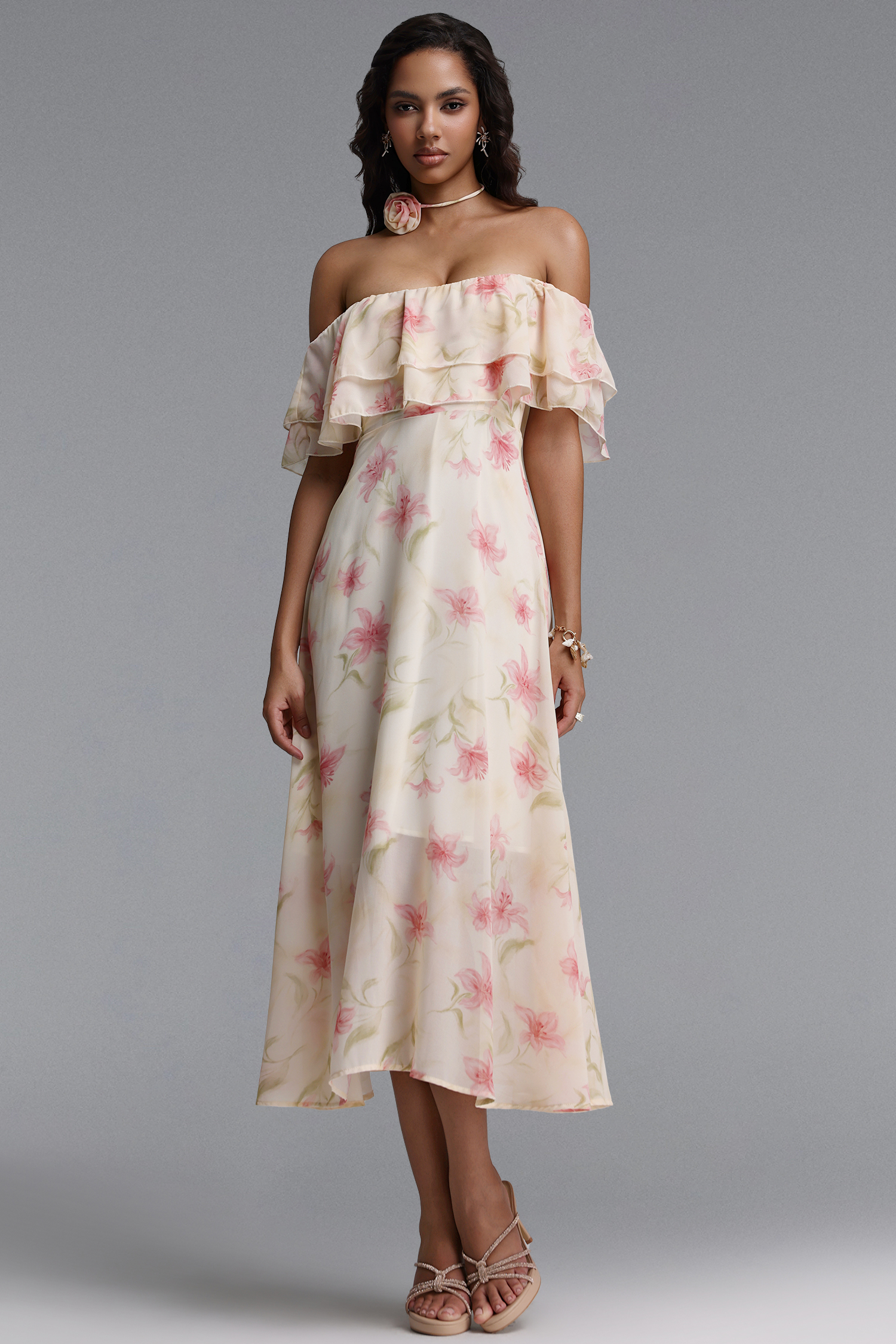 Nlia Resort Flowy Off Shoulder Floral Print Chiffon Maxi Dress