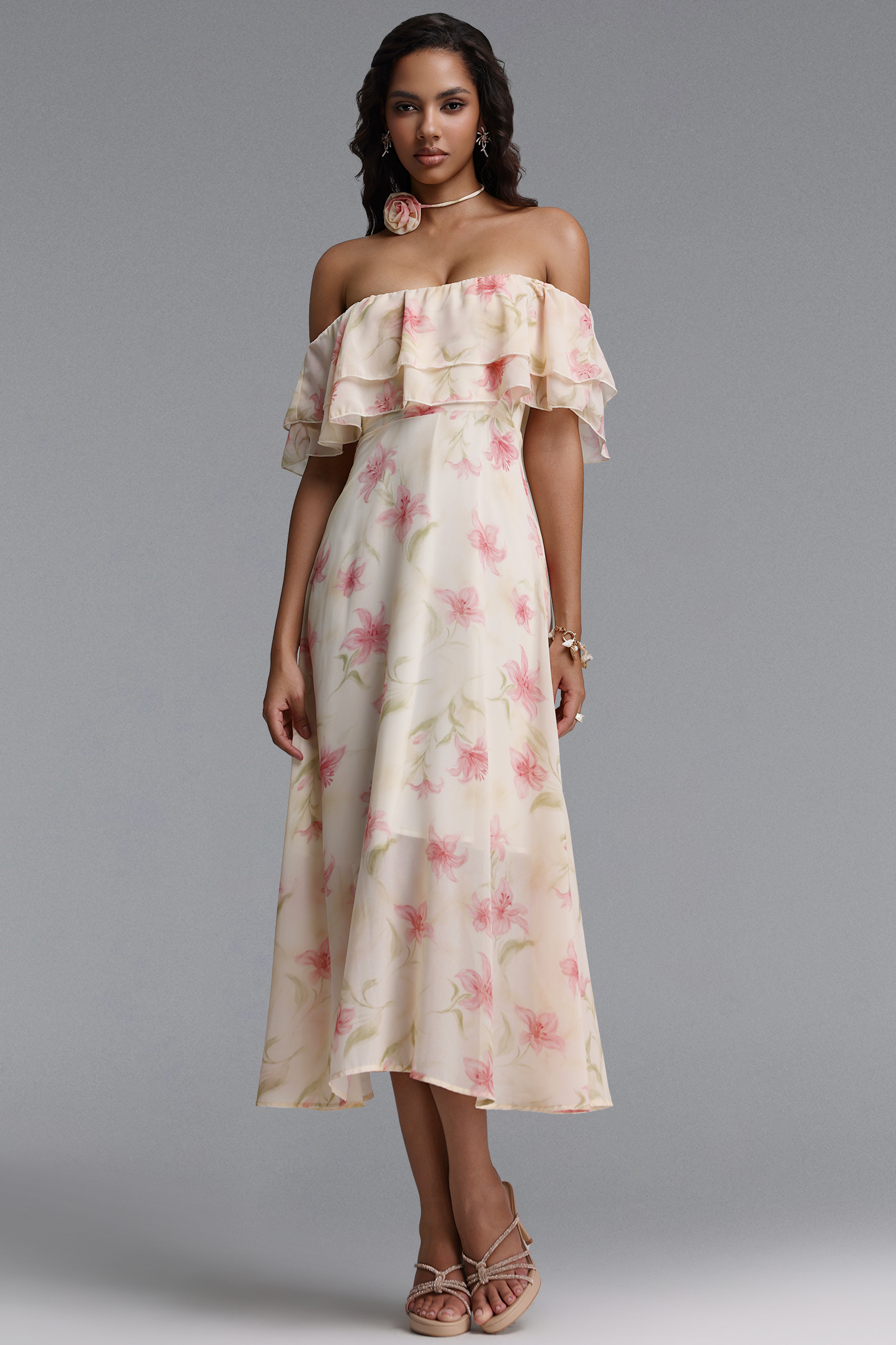 Nlia Resort Flowy Off Shoulder Floral Print Chiffon Maxi Dress