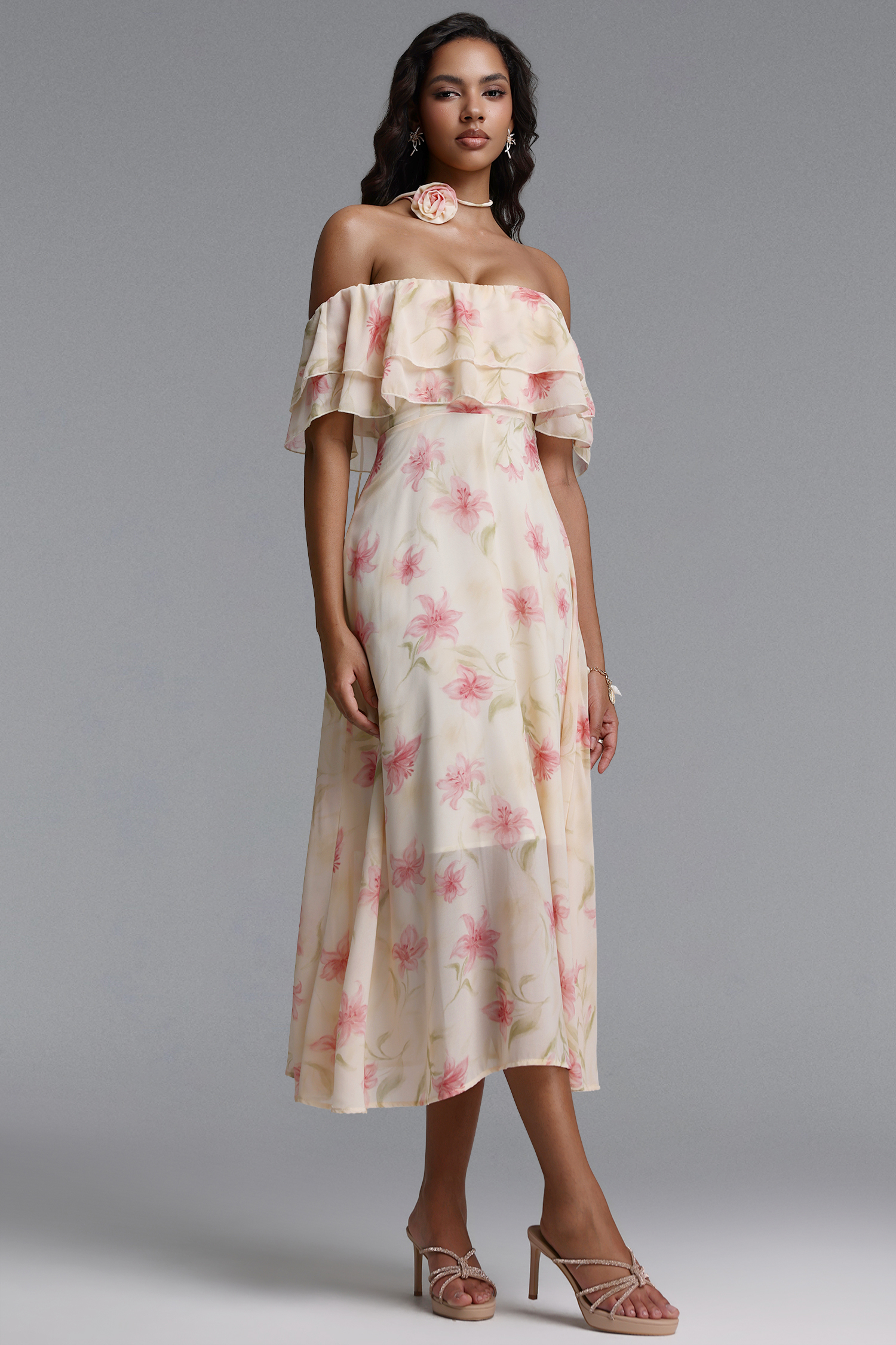 Nlia Resort Flowy Off Shoulder Floral Print Chiffon Maxi Dress