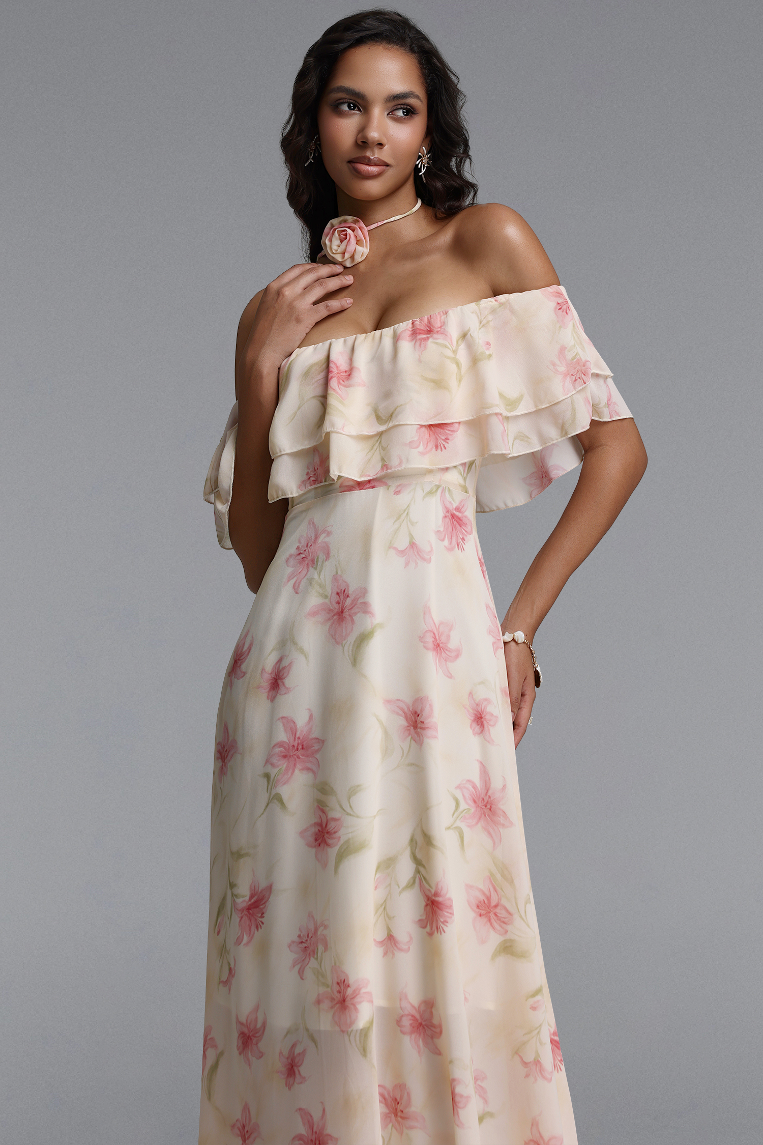 Nlia Resort Flowy Off Shoulder Floral Print Chiffon Maxi Dress