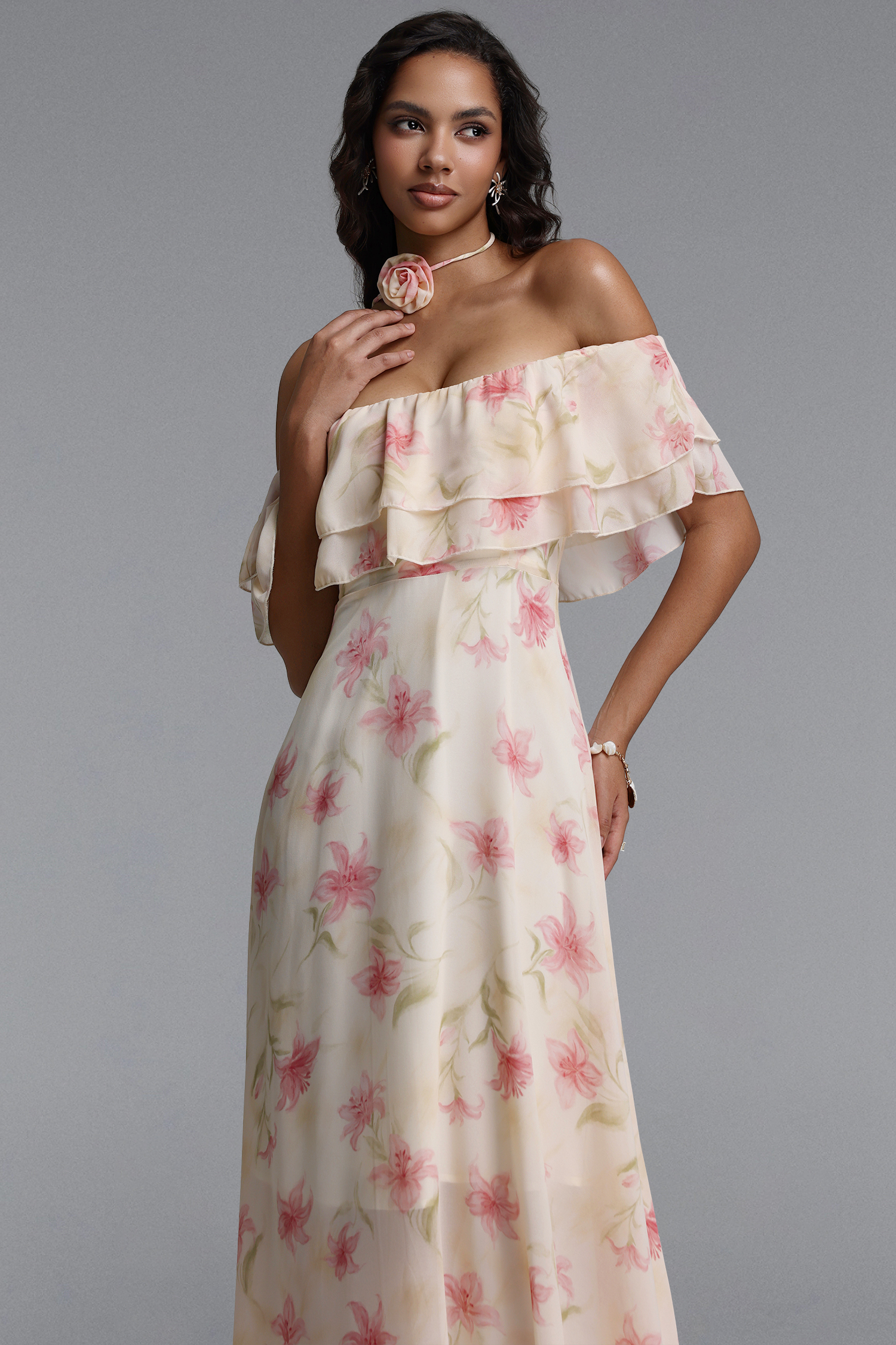 Nlia Resort Flowy Off Shoulder Floral Print Chiffon Maxi Dress