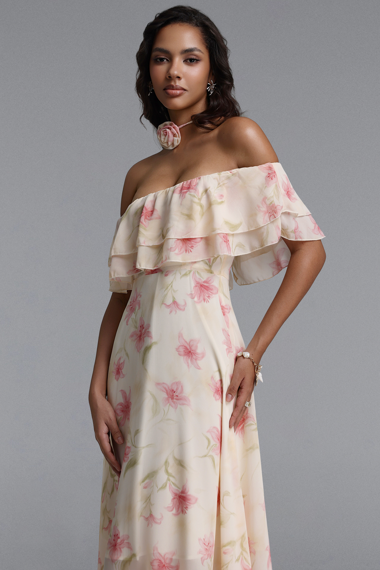 Nlia Resort Flowy Off Shoulder Floral Print Chiffon Maxi Dress