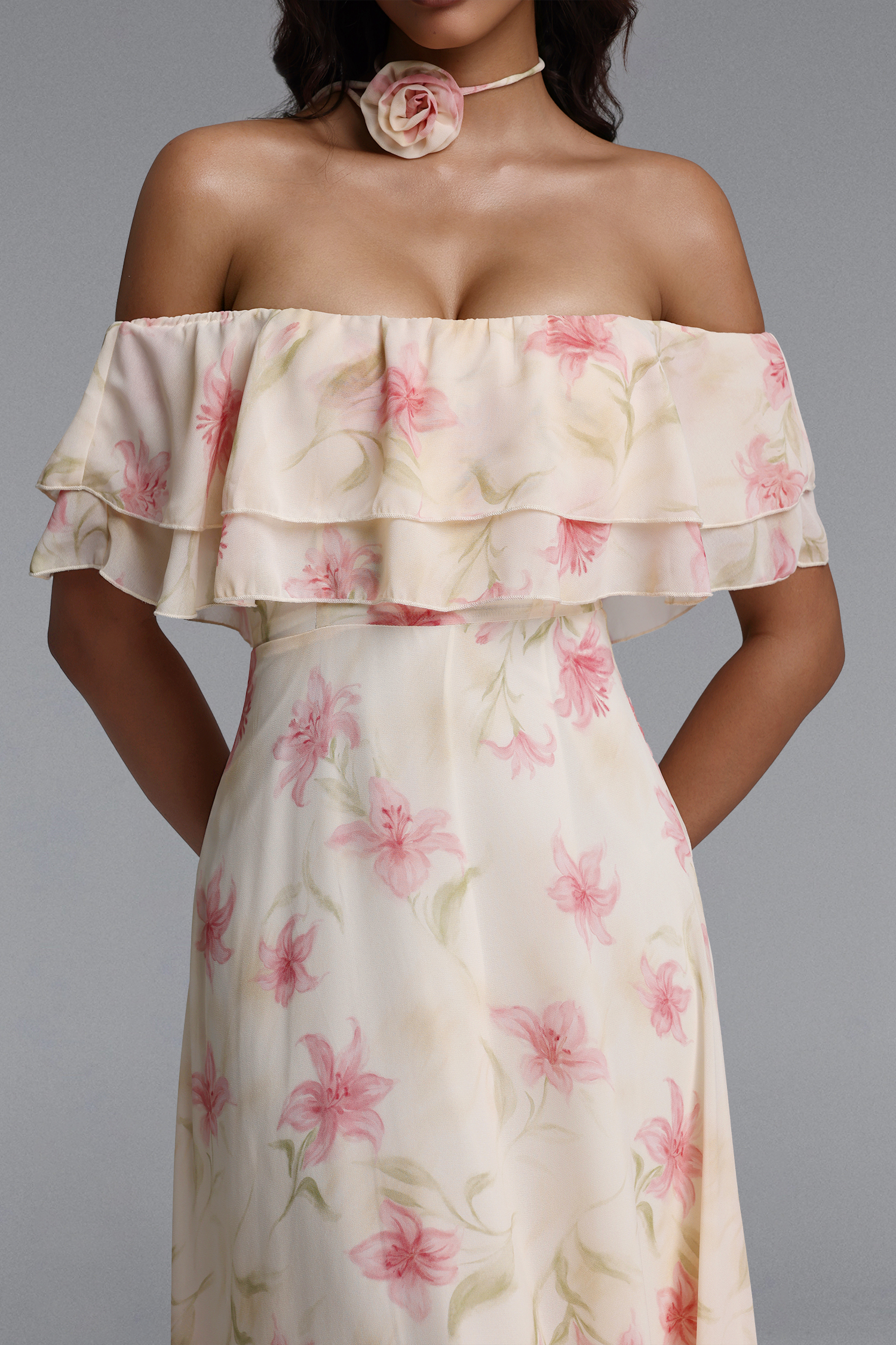 Nlia Resort Flowy Off Shoulder Floral Print Chiffon Maxi Dress