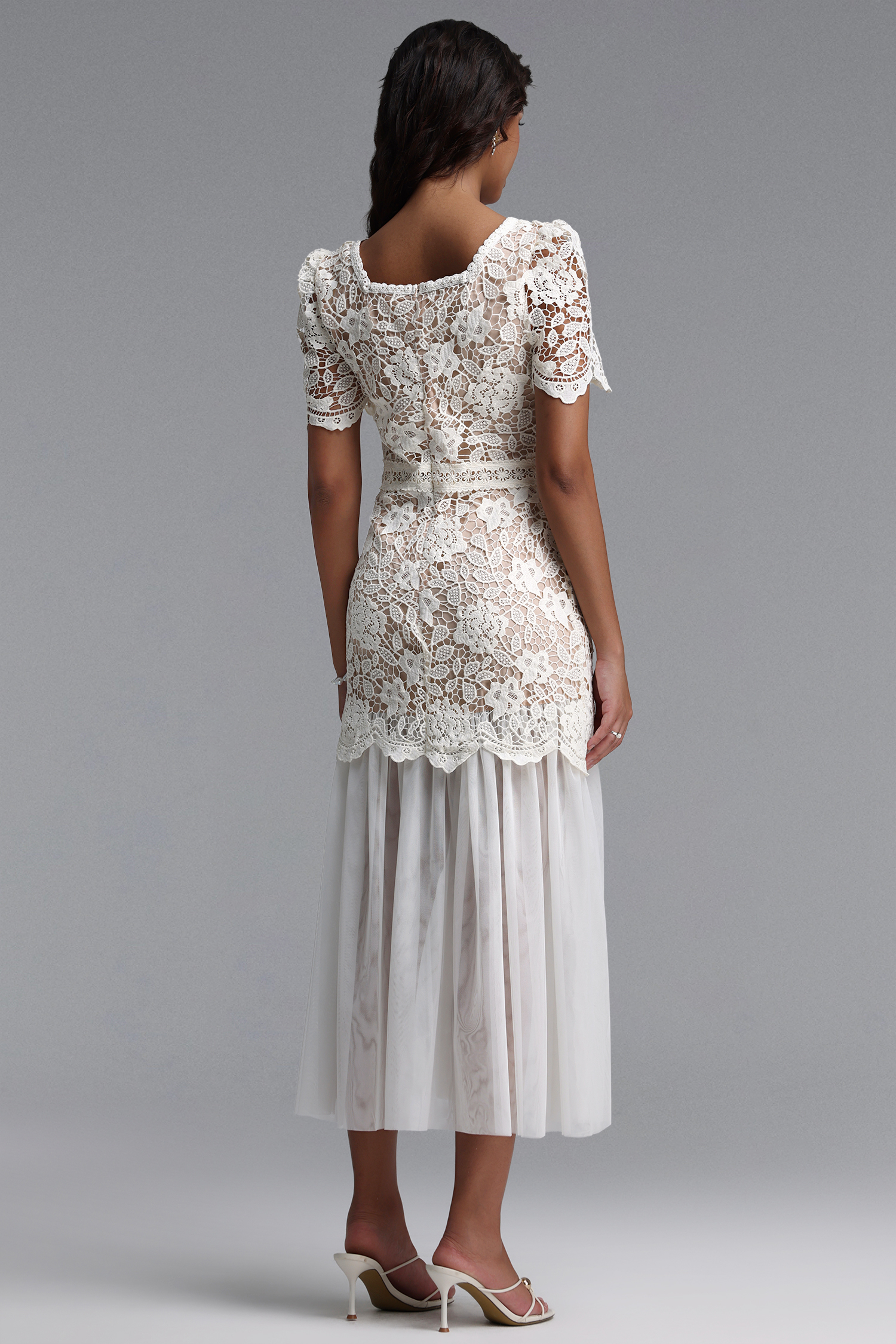 Zilpah Elegant Flowy Short Sleeve Floral Lace Tulle Maxi Dress