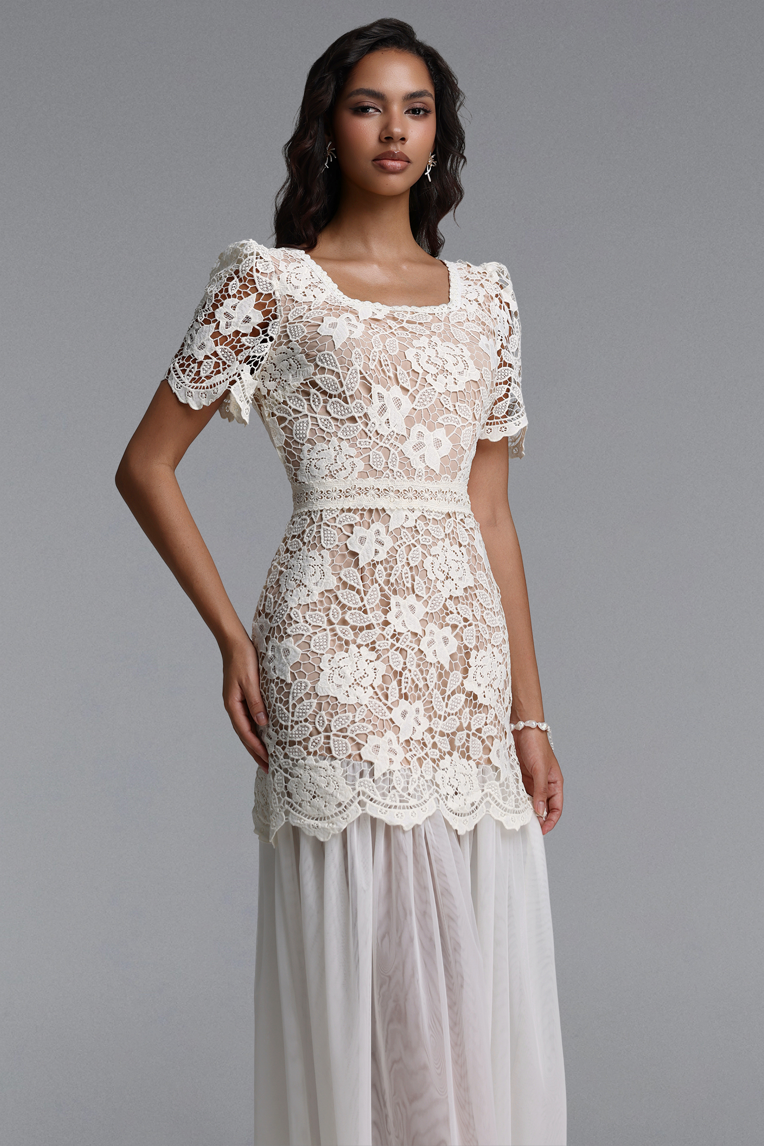 Zilpah Elegant Flowy Short Sleeve Floral Lace Tulle Maxi Dress