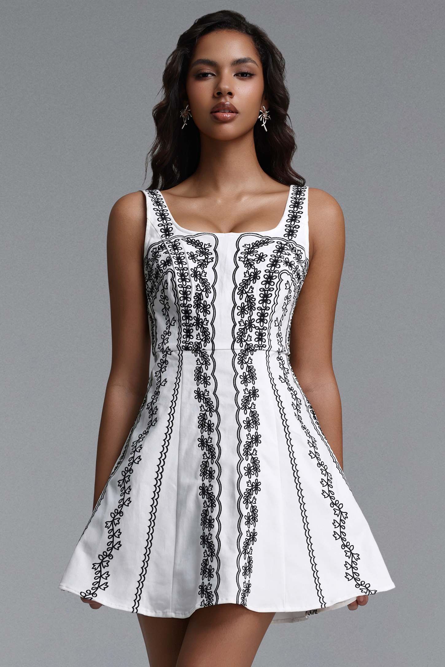 Walda Classic Cinched Sleeveless Embroidered Floral Woven Mini Dress
