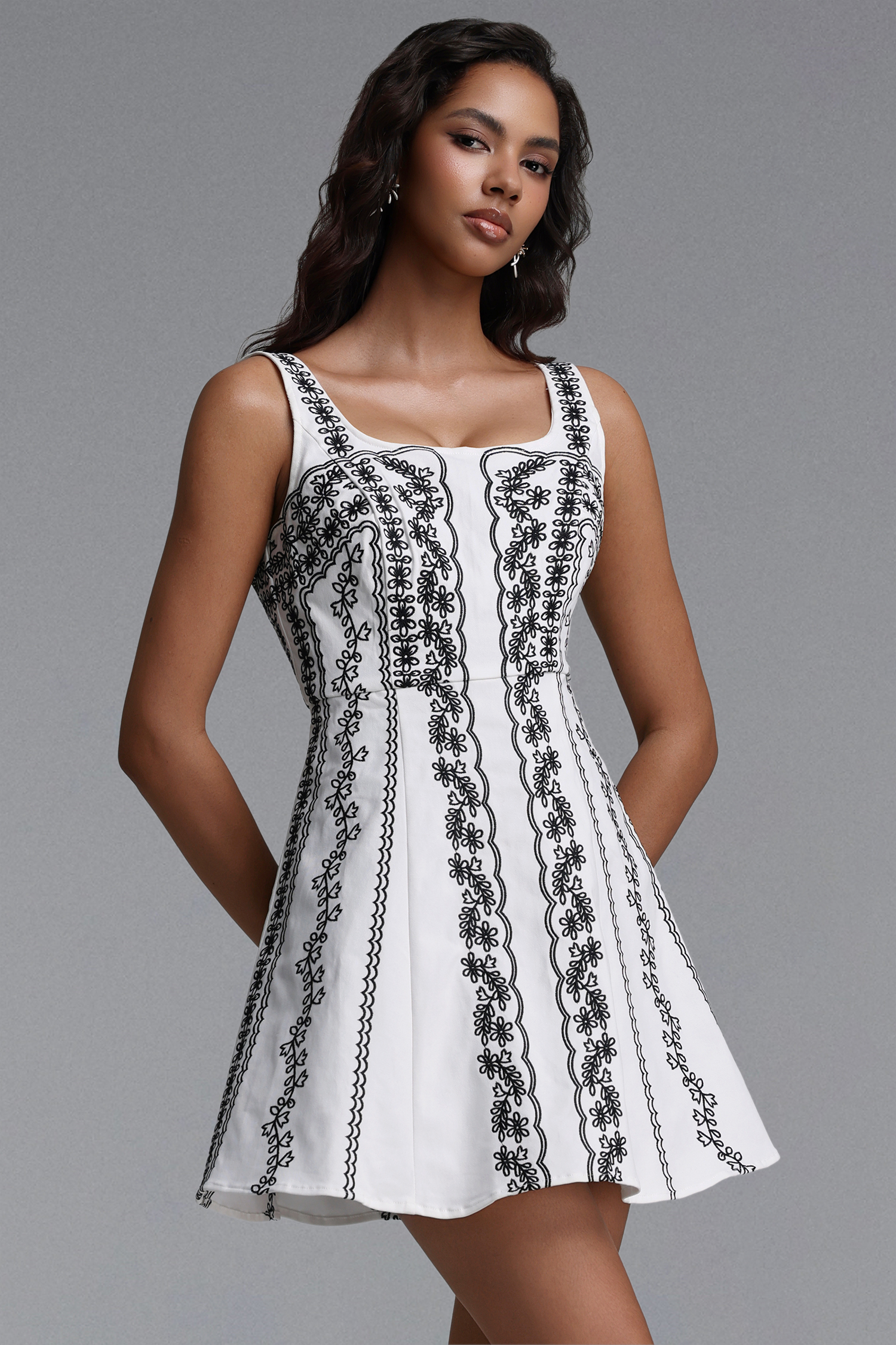 Walda Classic Cinched Sleeveless Embroidered Floral Woven Mini Dress