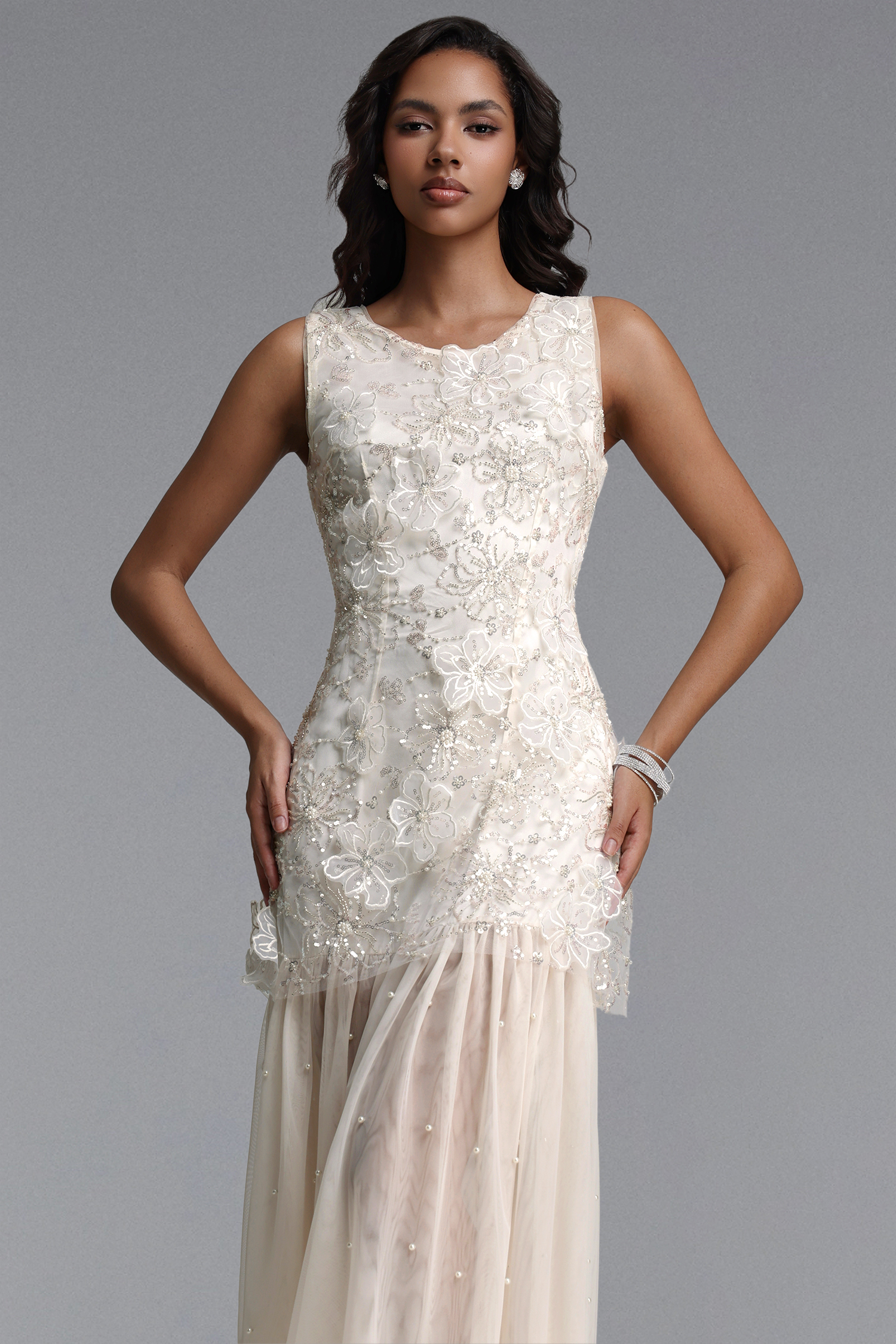 Marina Elegant Flowy Round Neck Sleeveless Sequin Floral Woven Maxi Dress