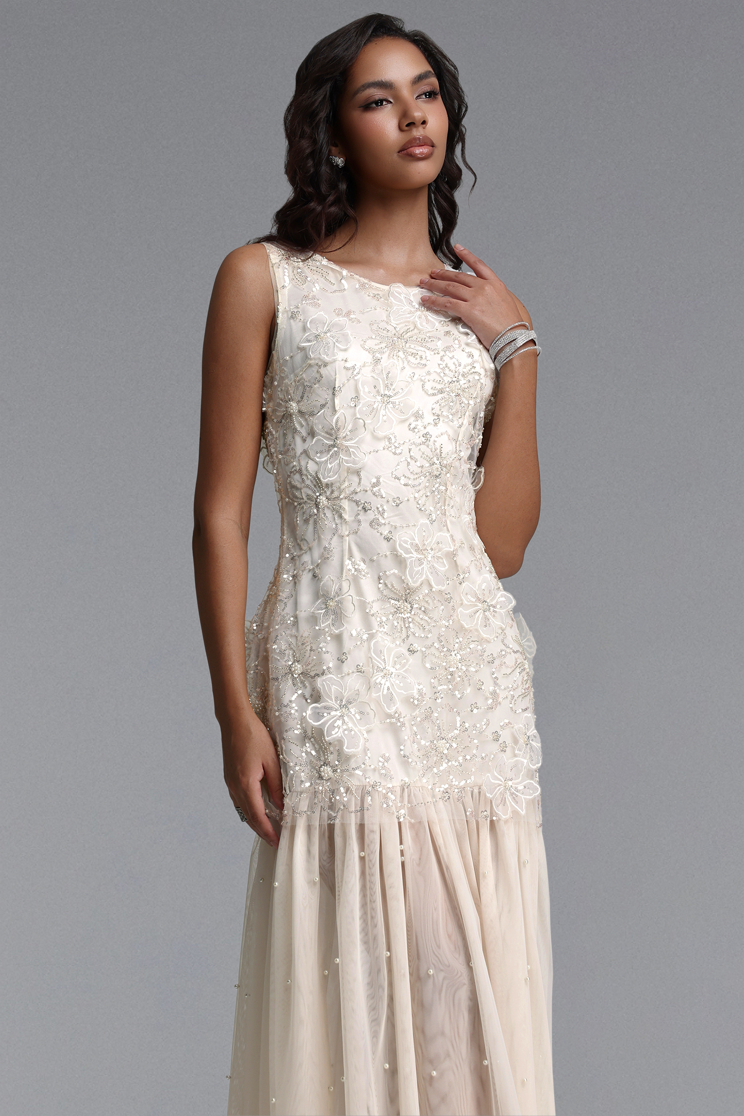 Marina Elegant Flowy Round Neck Sleeveless Sequin Floral Woven Maxi Dress