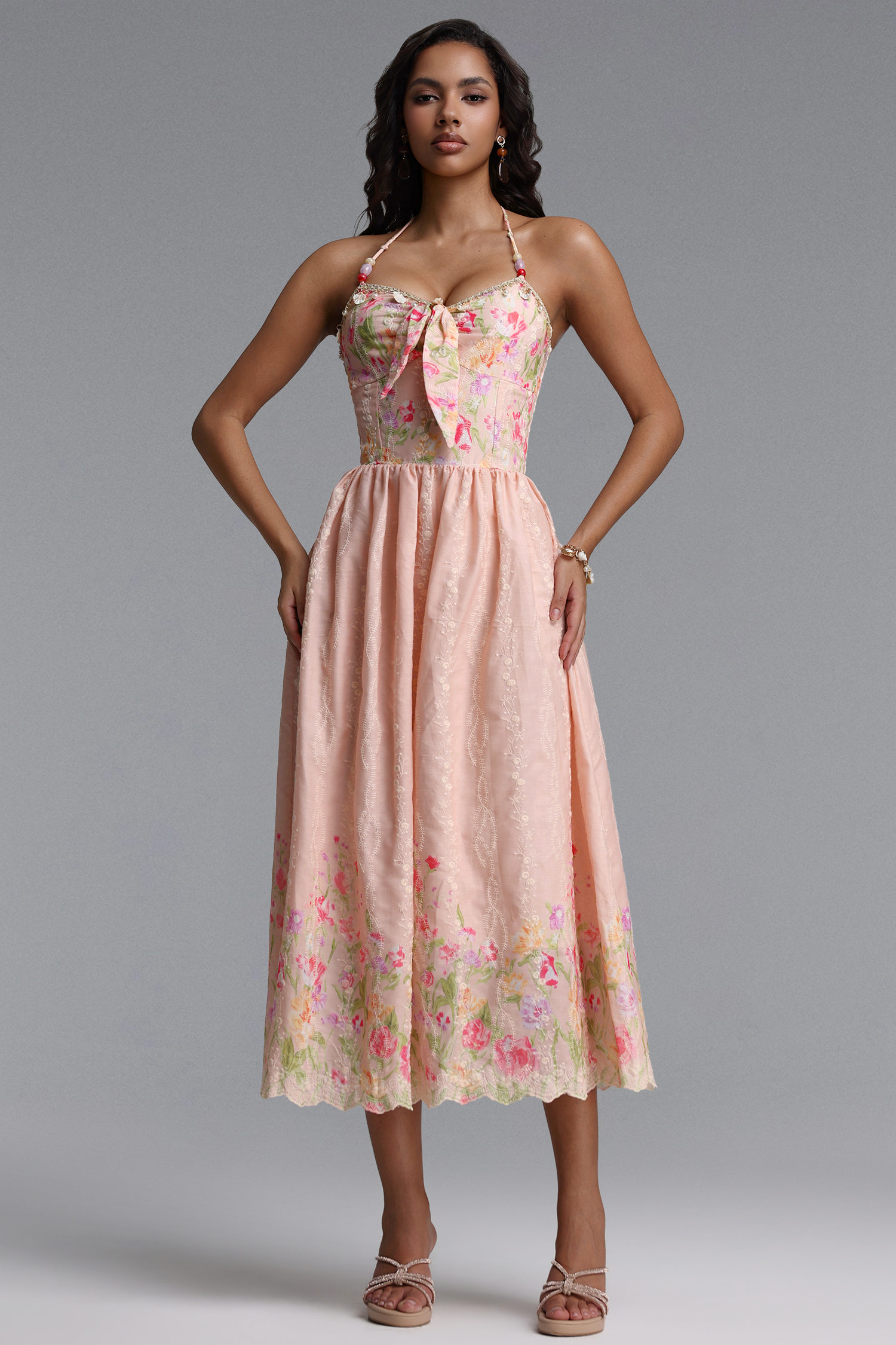 Emory Resort Flowy Spaghetti Strap Bow Floral Print Woven Pink Maxi Dress