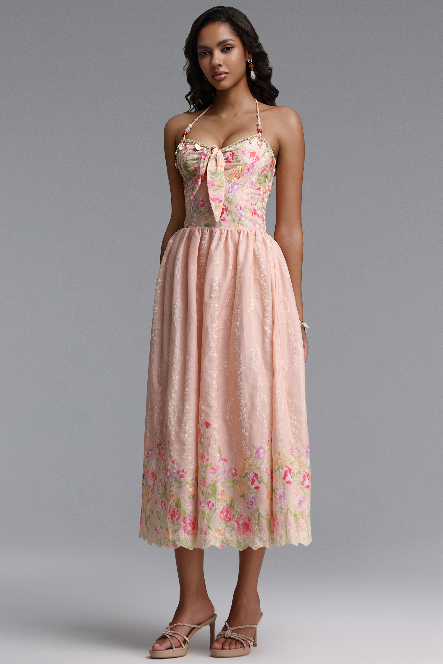 Emory Resort Flowy Spaghetti Strap Bow Floral Print Woven Pink Maxi Dress