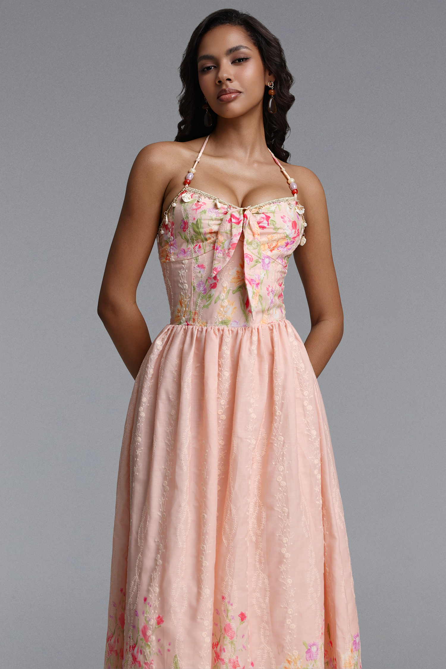 Emory Resort Flowy Spaghetti Strap Bow Floral Print Woven Pink Maxi Dress