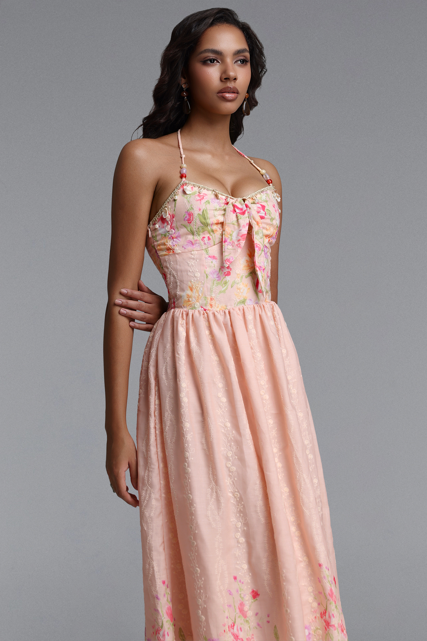 Emory Resort Flowy Spaghetti Strap Bow Floral Print Woven Pink Maxi Dress