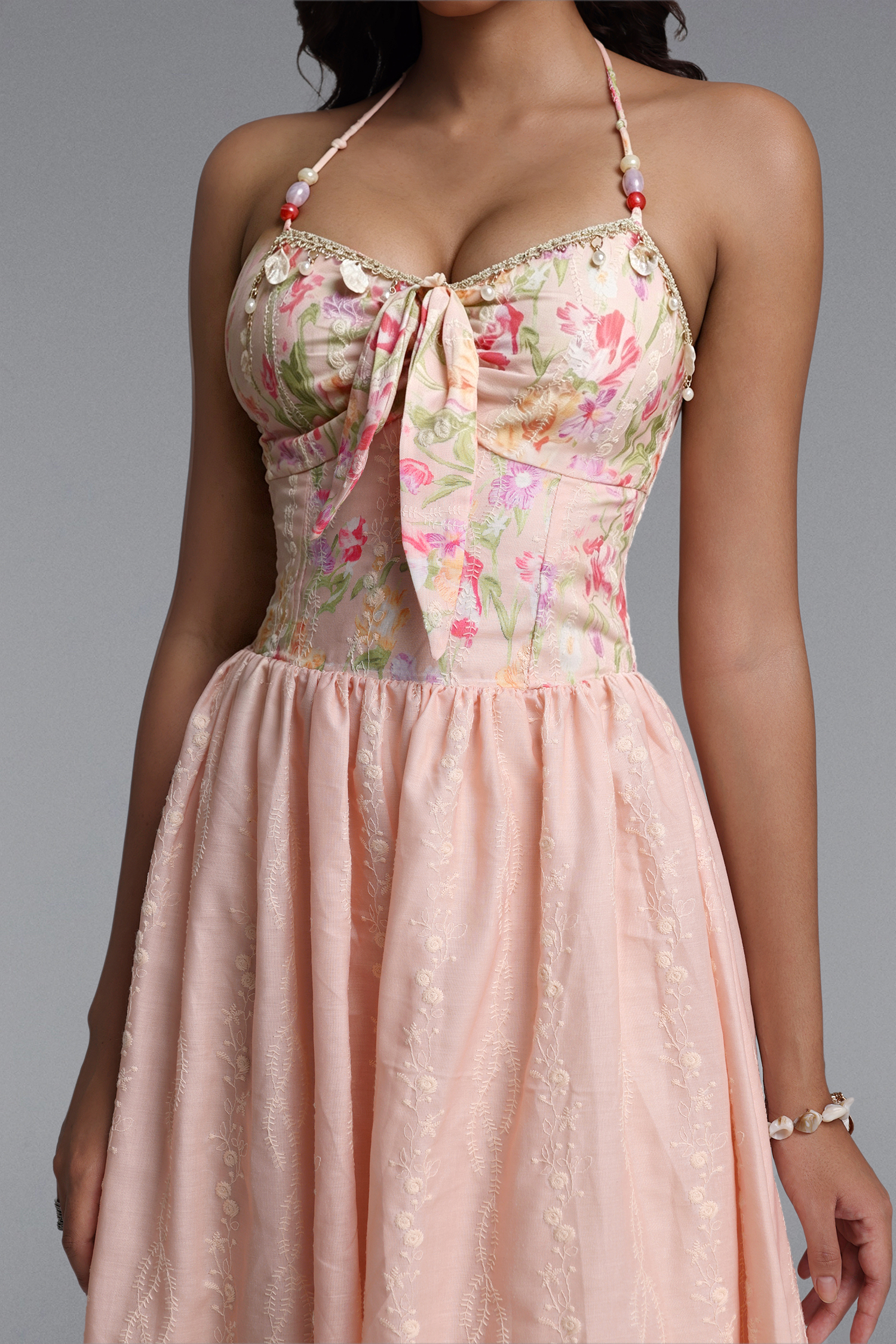 Emory Resort Flowy Spaghetti Strap Bow Floral Print Woven Pink Maxi Dress