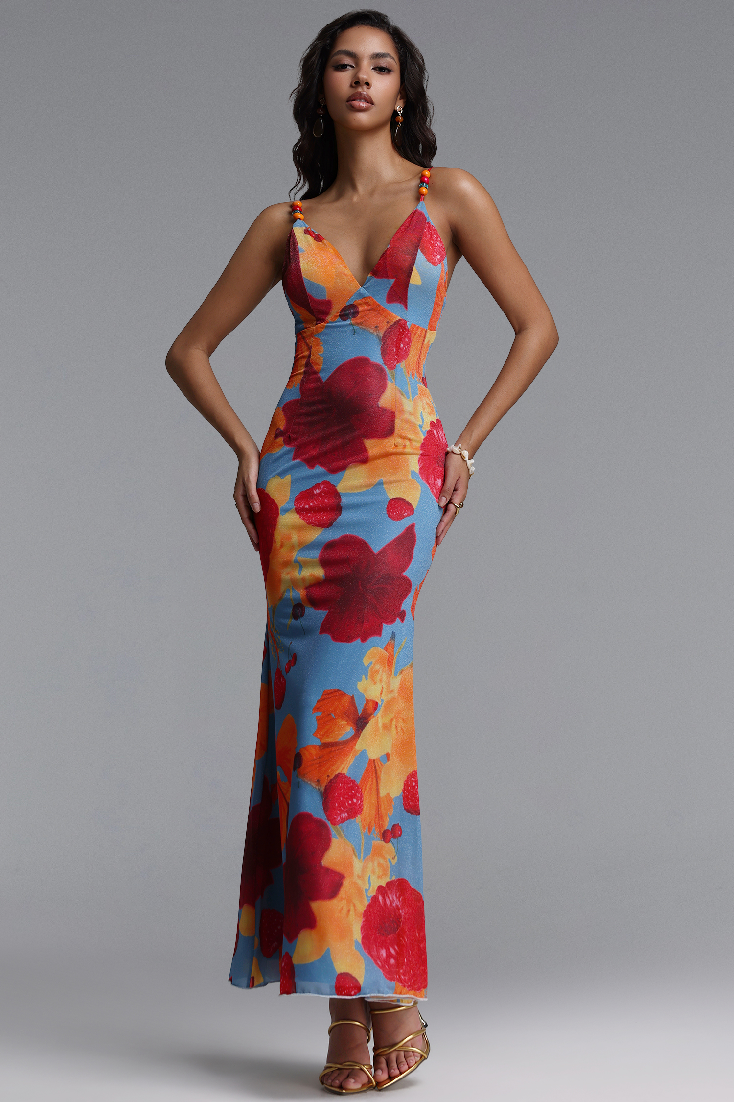 Saloha Romantic Contour V Neck Beaded Spaghetti Strap Floral Print Mesh Maxi Dress