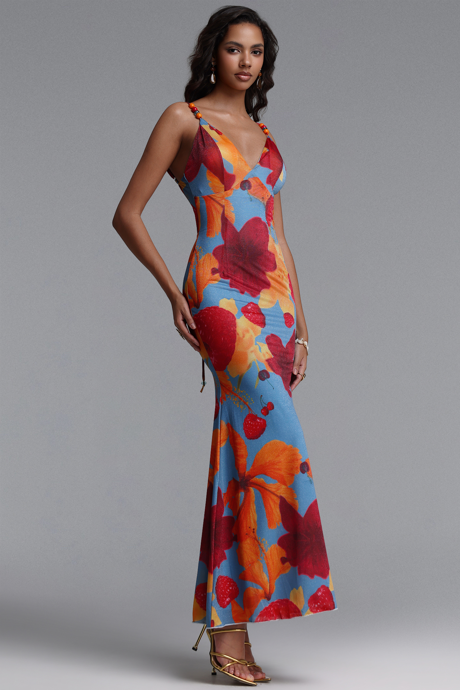 Saloha Romantic Contour V Neck Beaded Spaghetti Strap Floral Print Mesh Maxi Dress