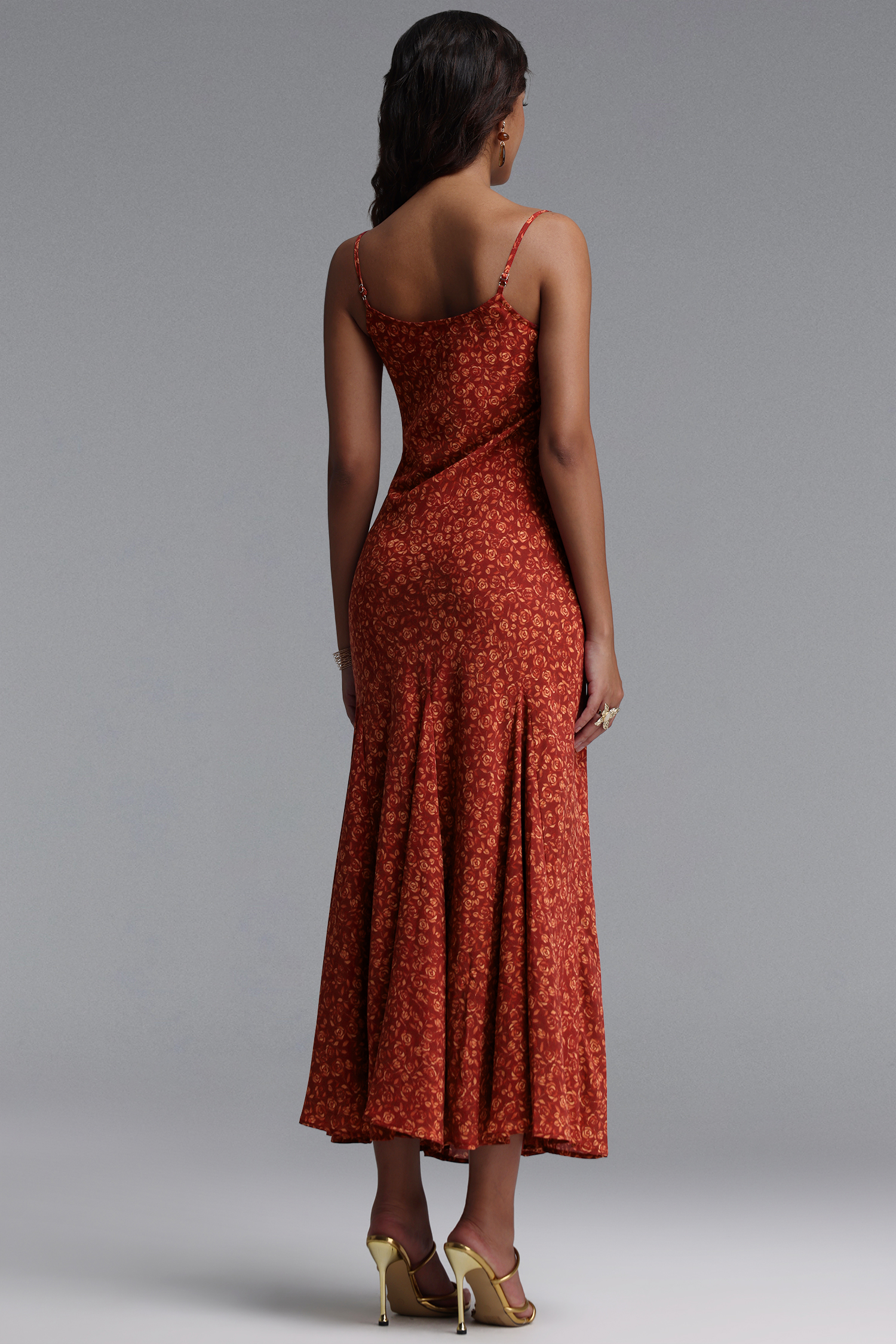 Una Elegant Contour Spaghetti Strap Floral Print Woven Maxi Dress