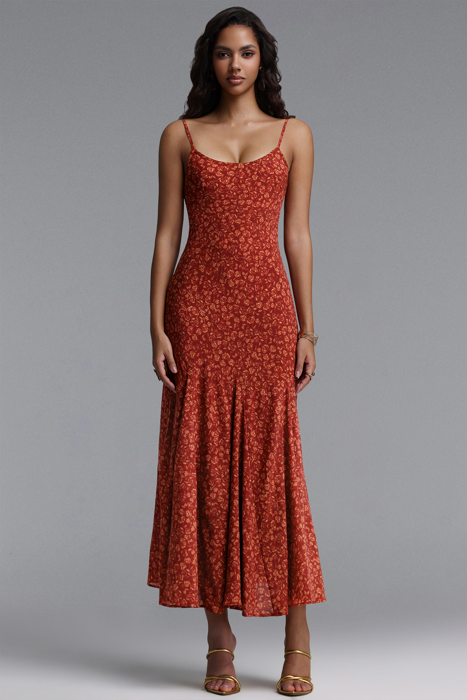 Una Elegant Contour Spaghetti Strap Floral Print Woven Maxi Dress