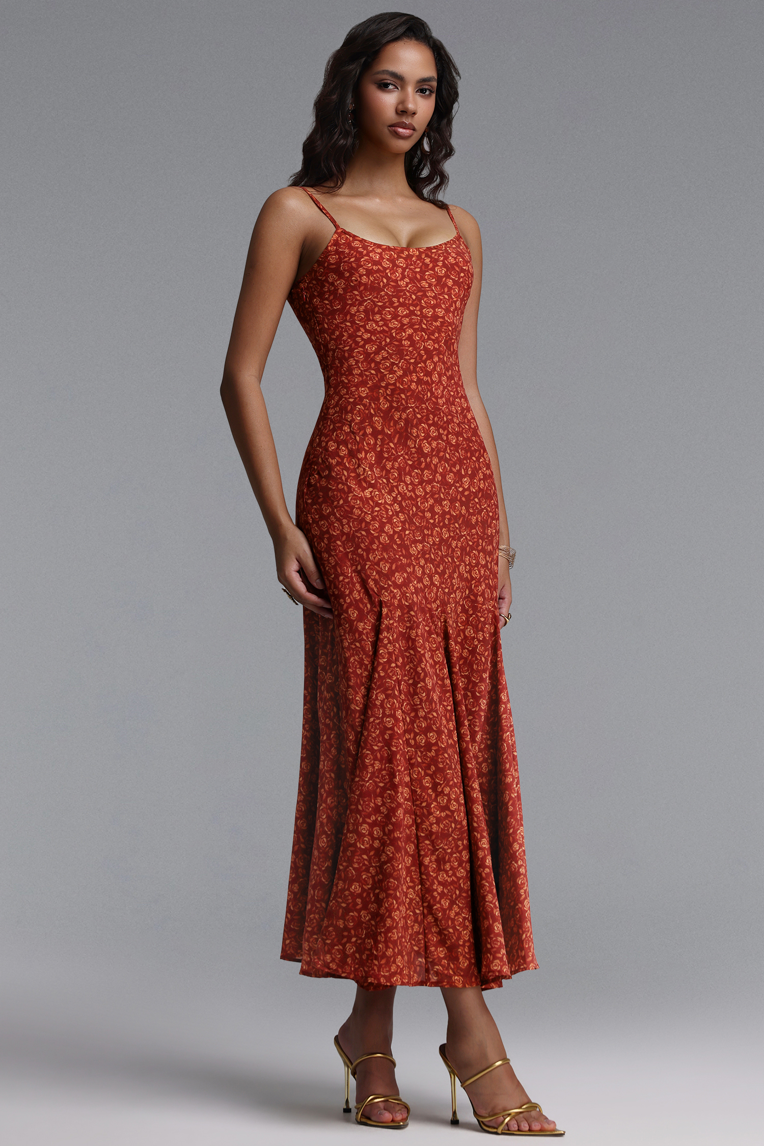 Una Elegant Contour Spaghetti Strap Floral Print Woven Maxi Dress