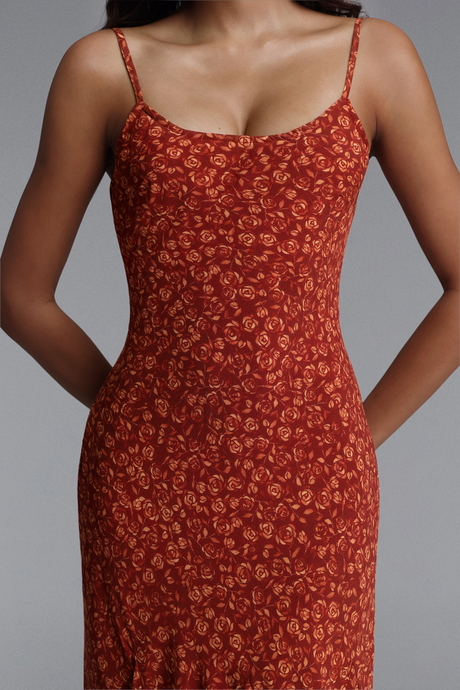 Una Elegant Contour Spaghetti Strap Floral Print Woven Maxi Dress