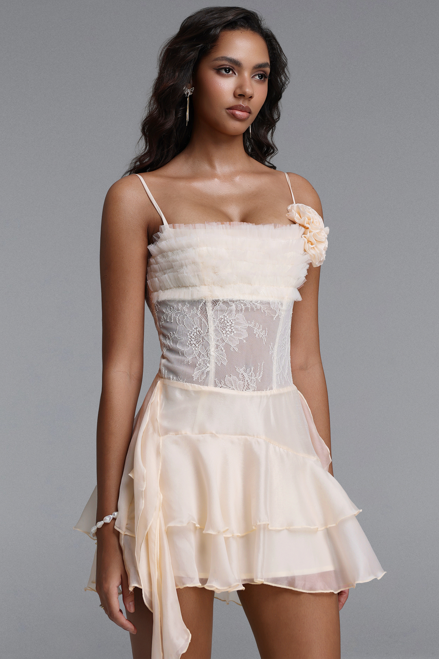 Rada Romantic Cinched Spaghetti Strap Ruffle Floral Lace Chiffon Mini Dress