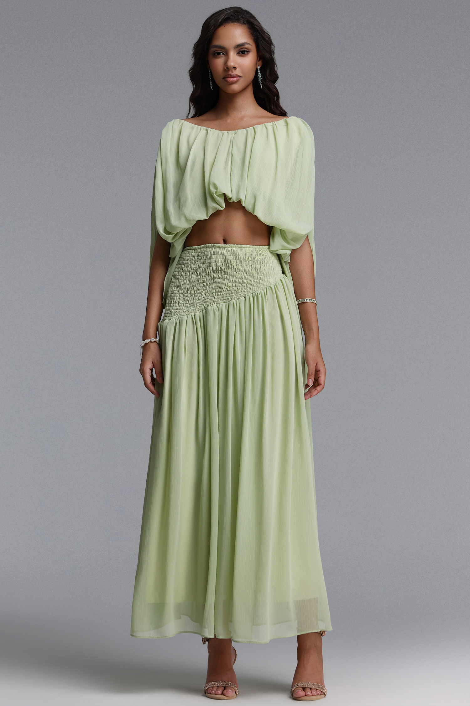 Fayie Resort Flowy Short Sleeve Chiffon Top and Skirt Two Piece Set