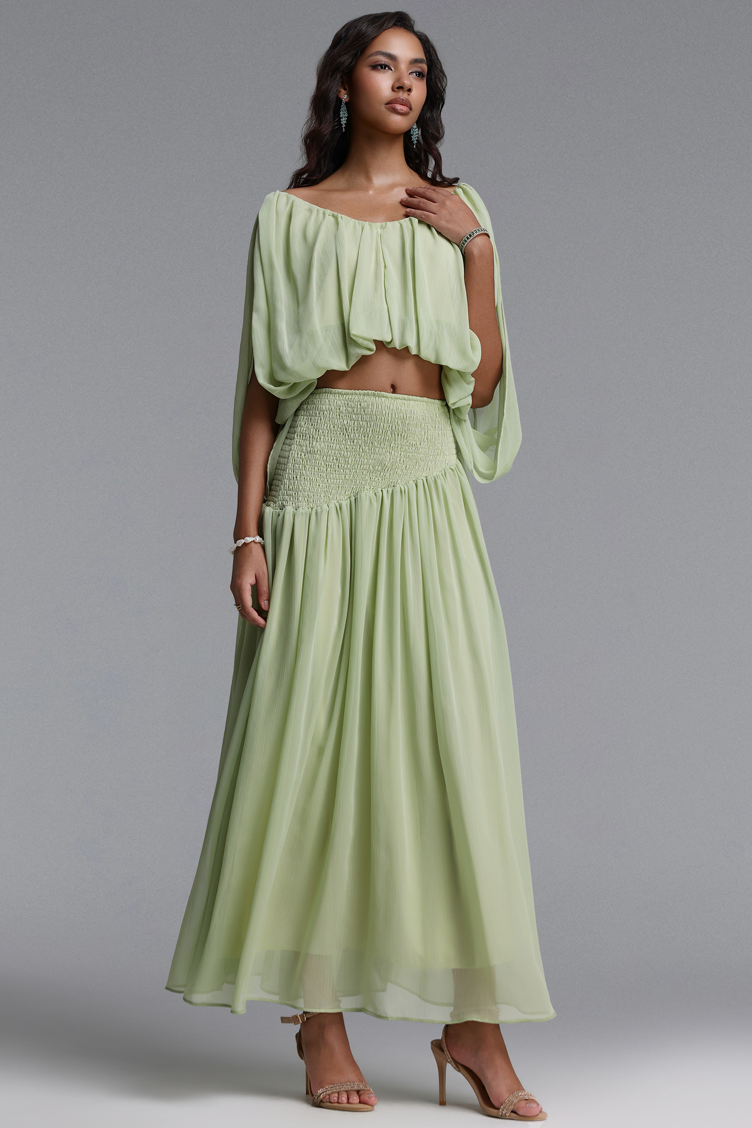 Fayie Resort Flowy Short Sleeve Chiffon Top and Skirt Two Piece Set