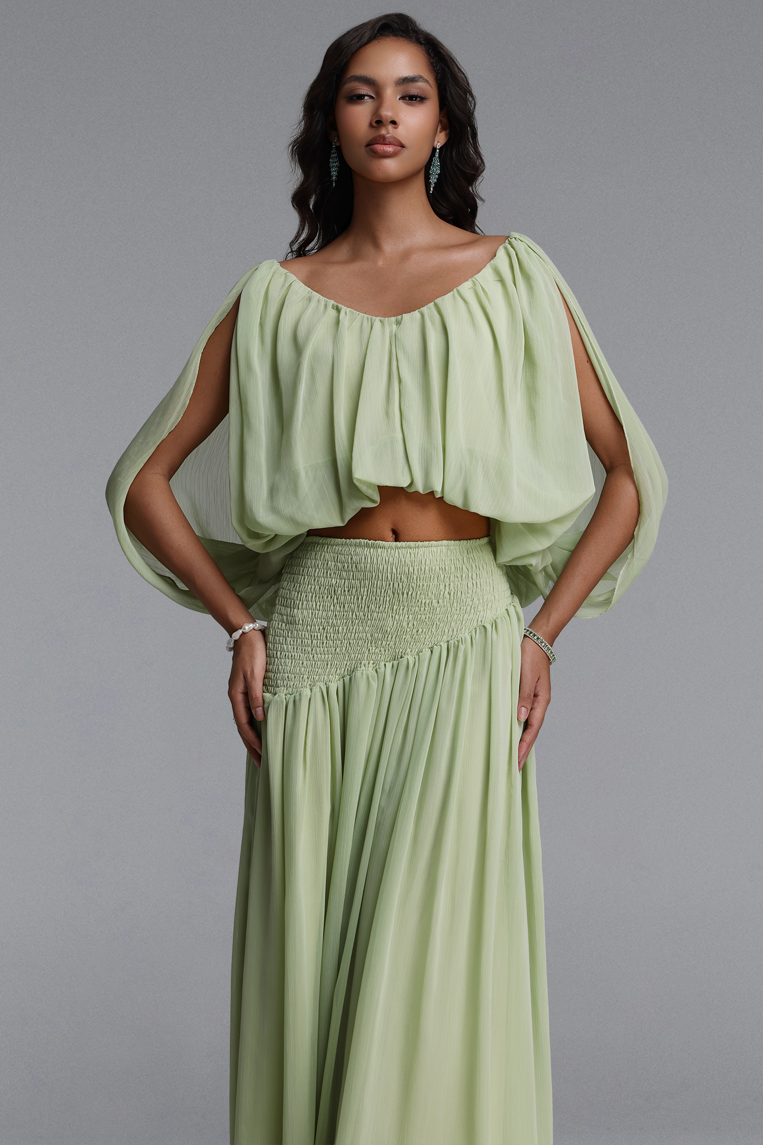 Fayie Resort Flowy Short Sleeve Chiffon Top and Skirt Two Piece Set