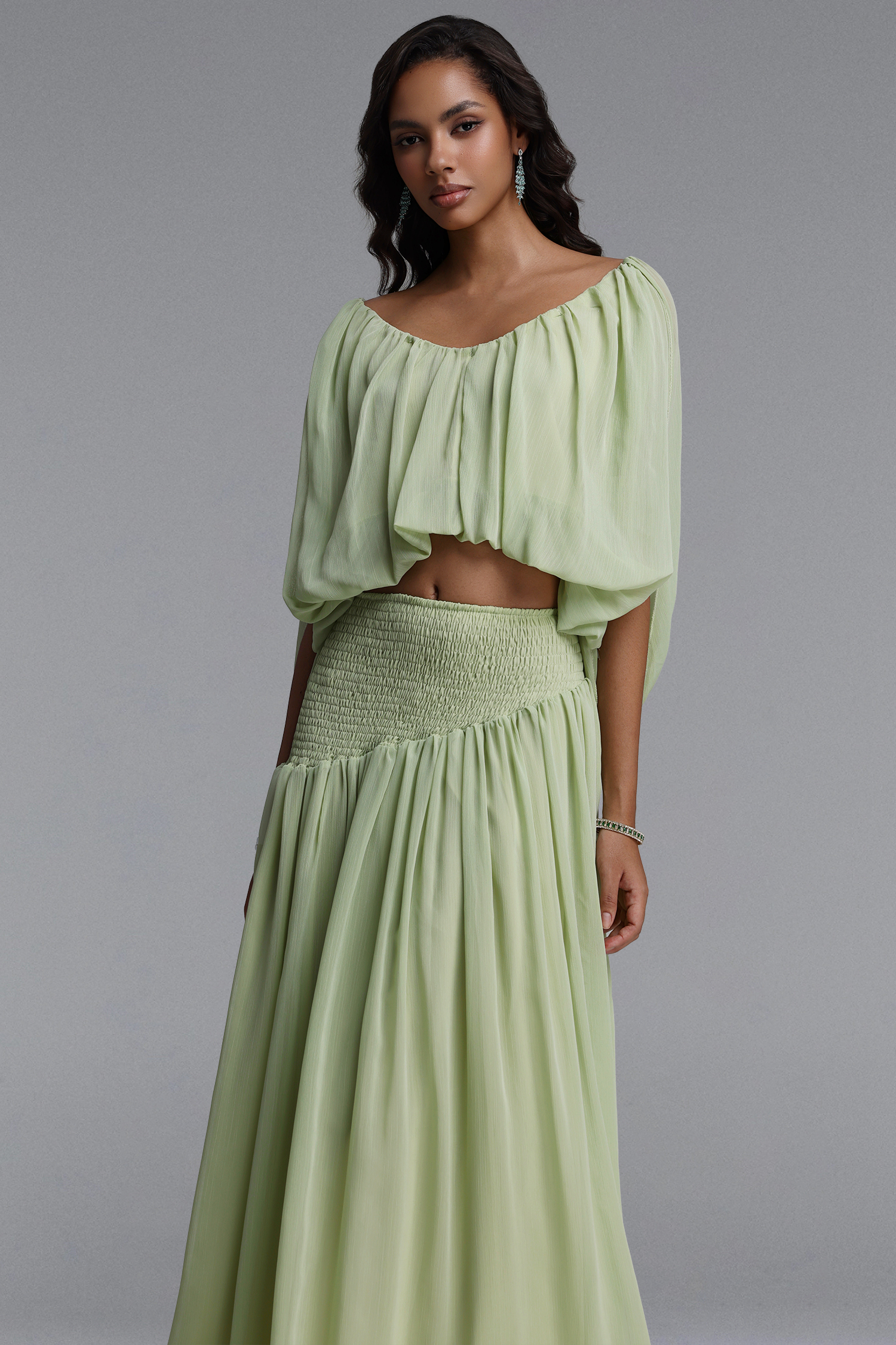 Fayie Resort Flowy Short Sleeve Chiffon Top and Skirt Two Piece Set
