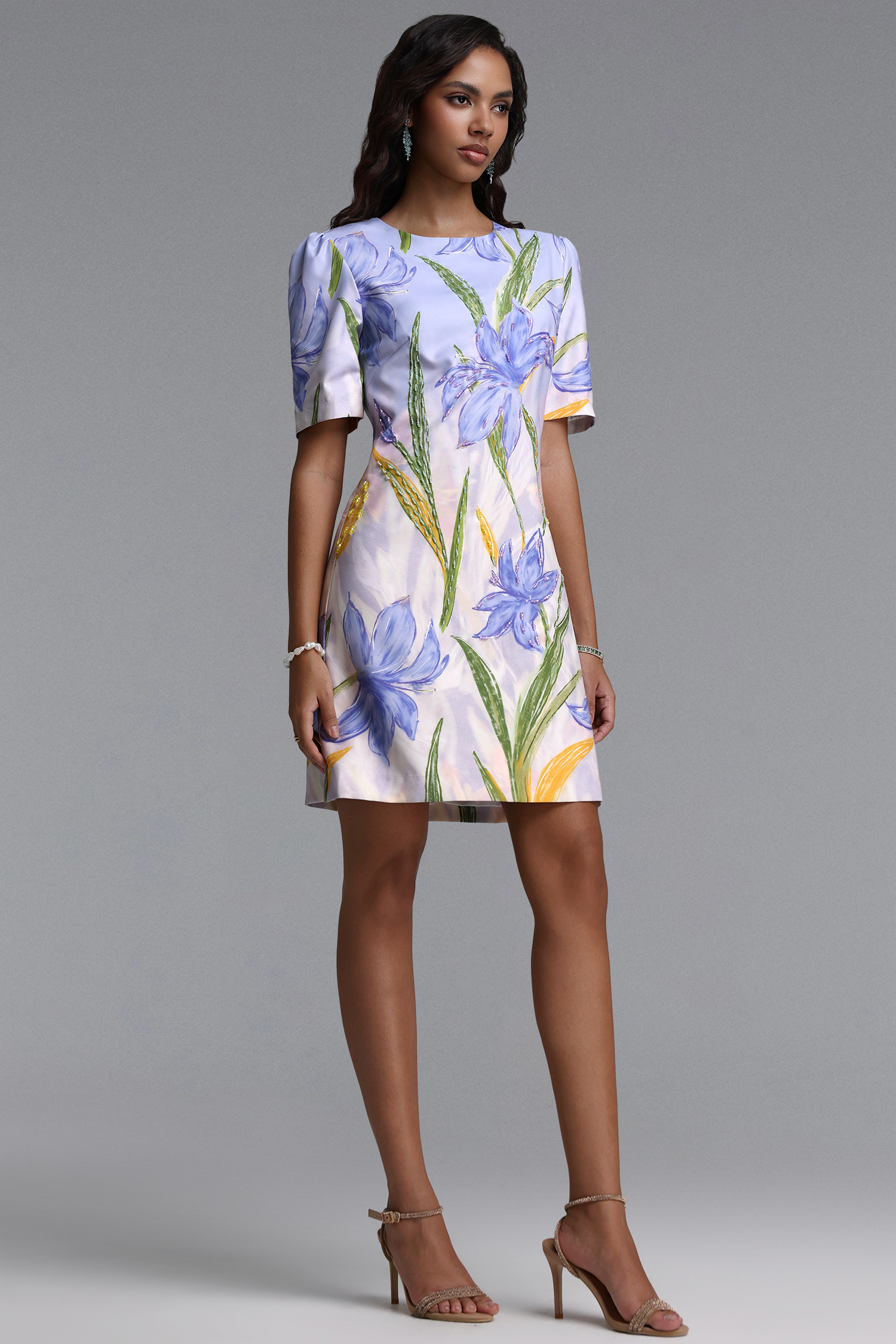 Laurel Classic Tailored Round Neck Short Sleeve Floral Print Woven Mini Dress