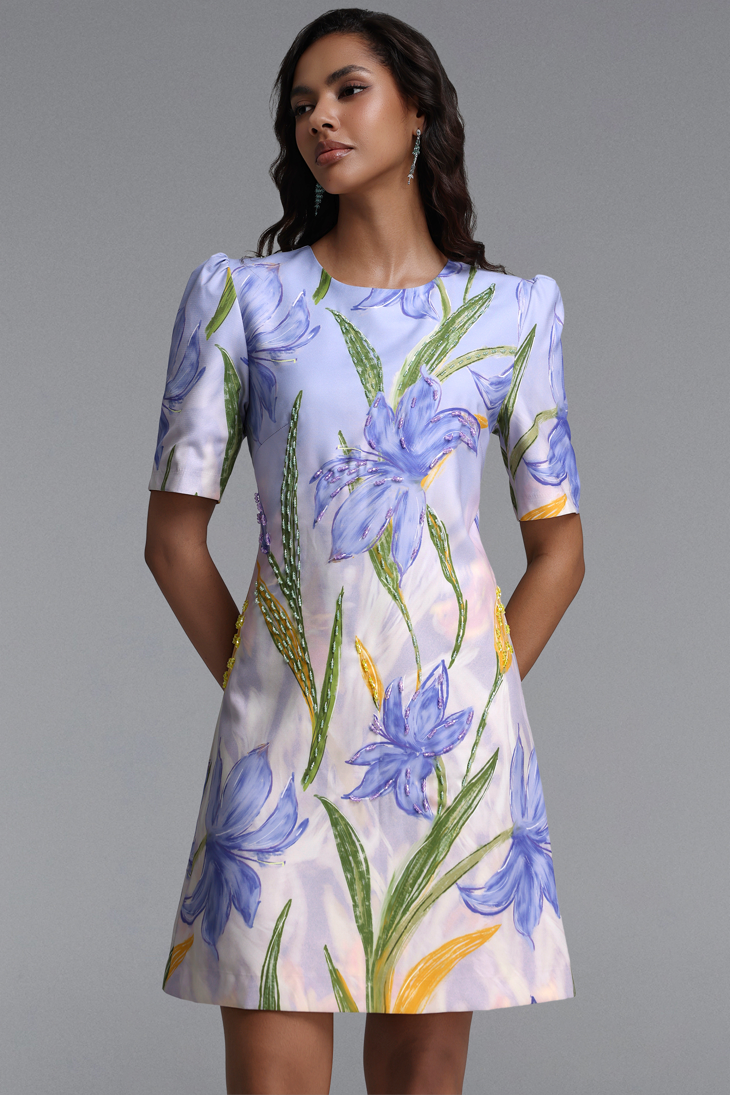 Laurel Classic Tailored Round Neck Short Sleeve Floral Print Woven Mini Dress