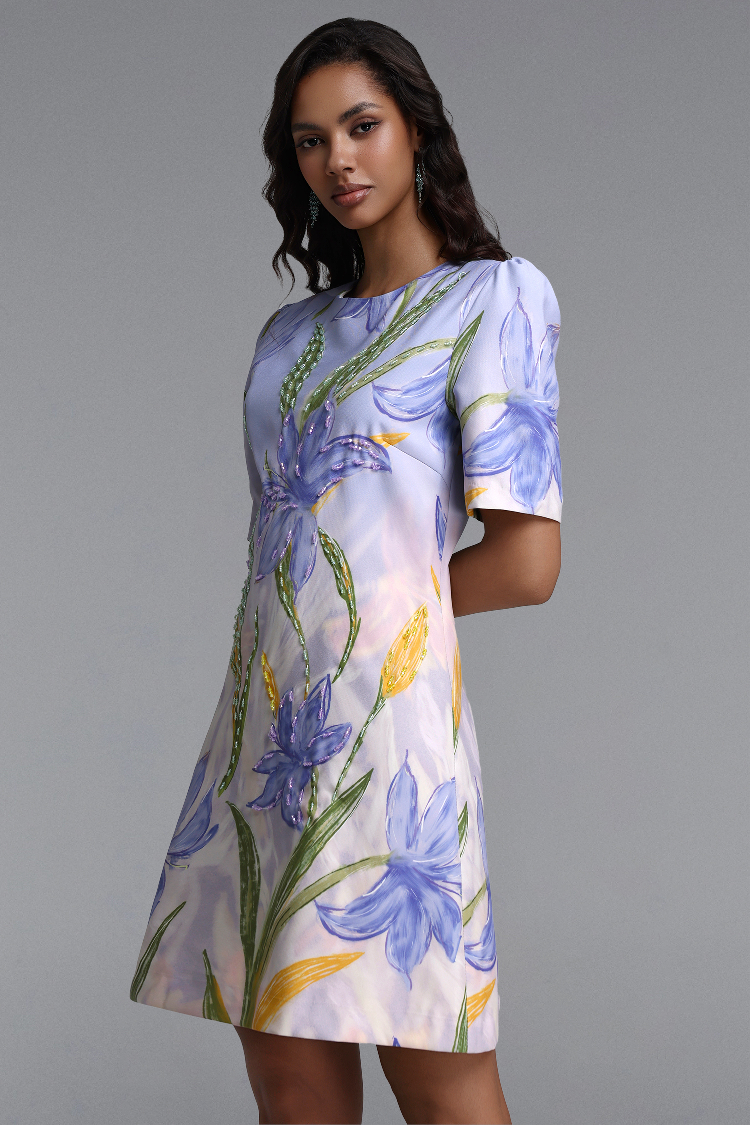 Laurel Classic Tailored Round Neck Short Sleeve Floral Print Woven Mini Dress
