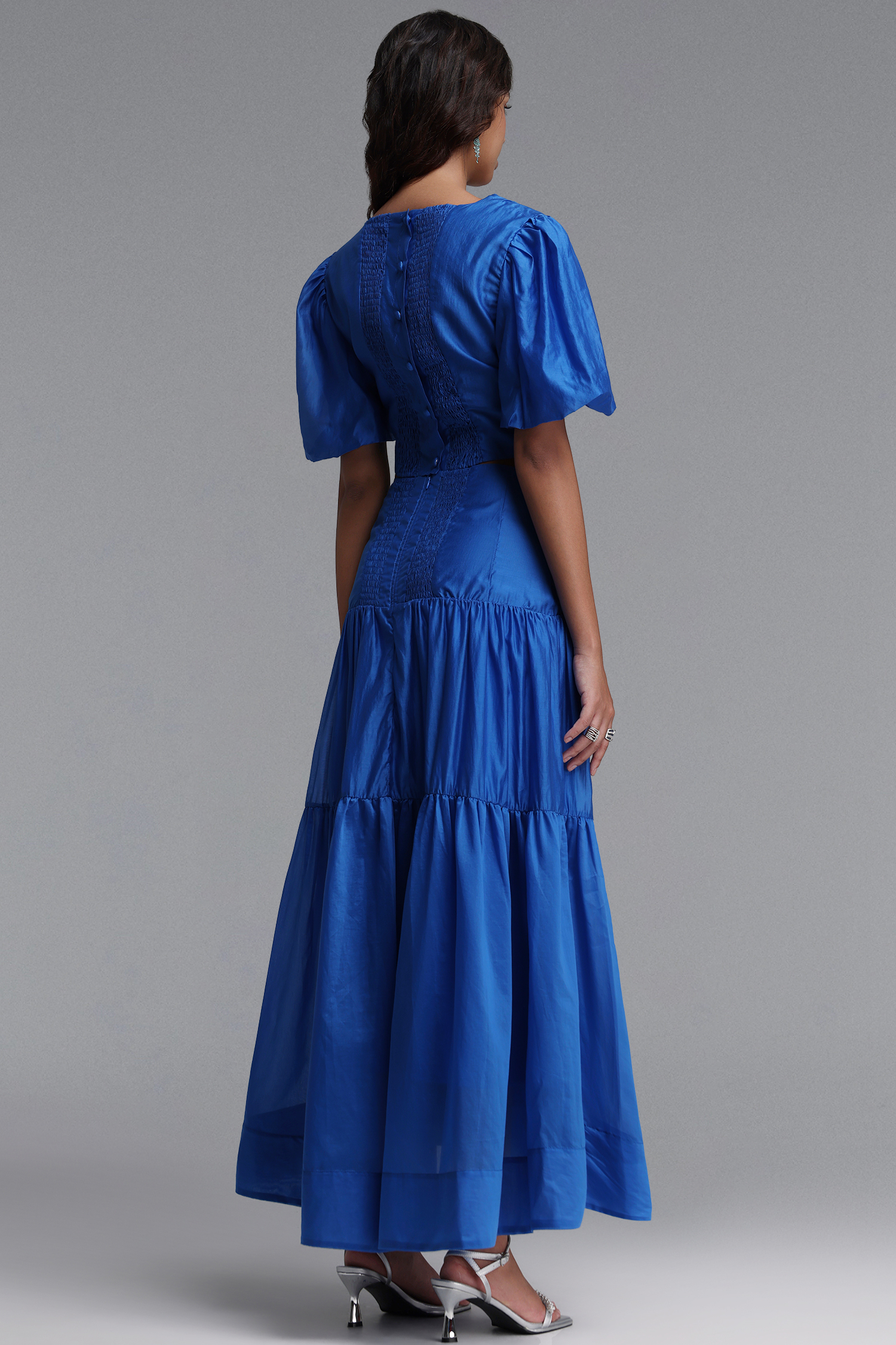 Diliy Resort Flowy V Neck Puff Sleeve Woven Top and Skirt Two Piece Set
