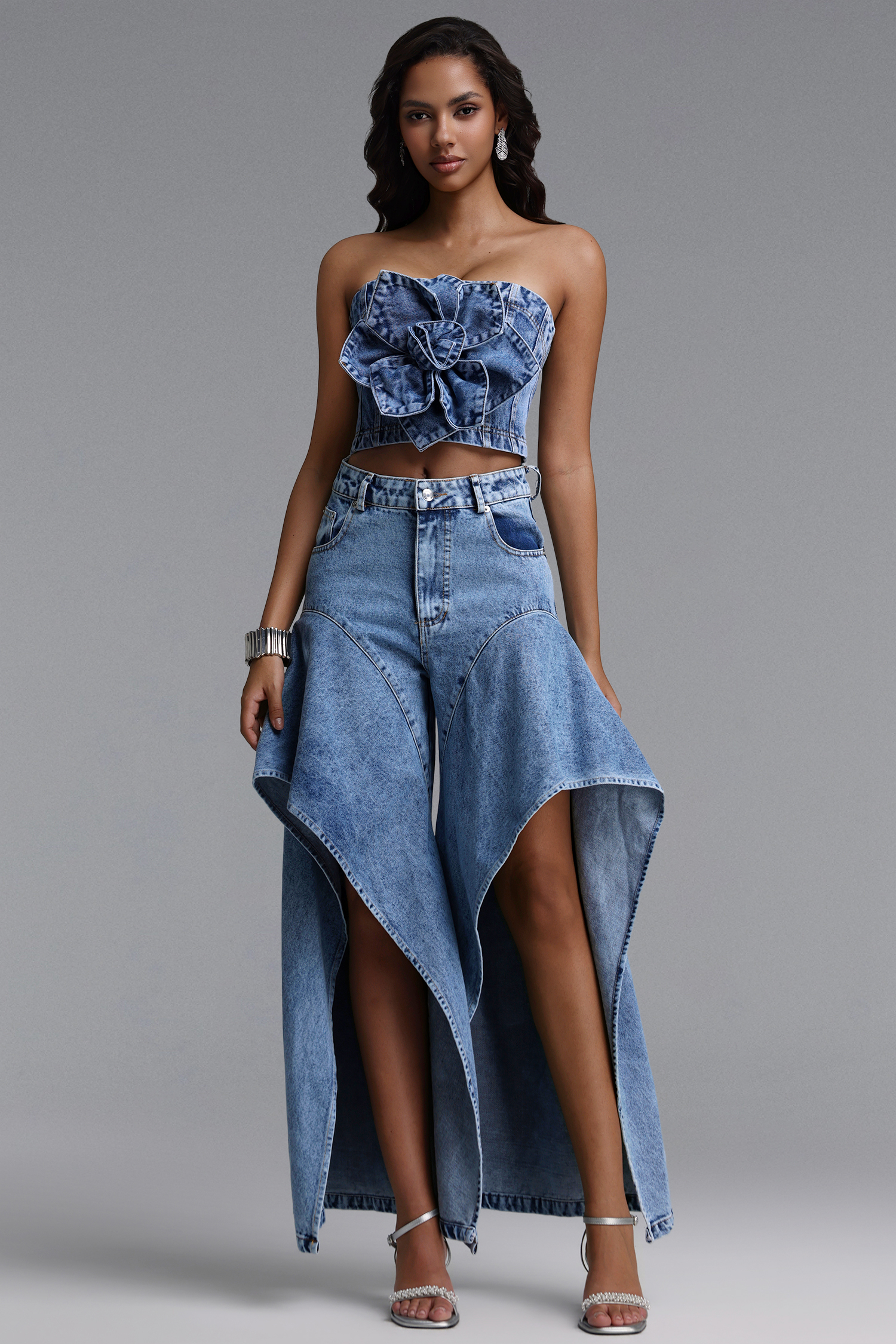 Pallas Chic Floral Slit Denim Top Or Pants 