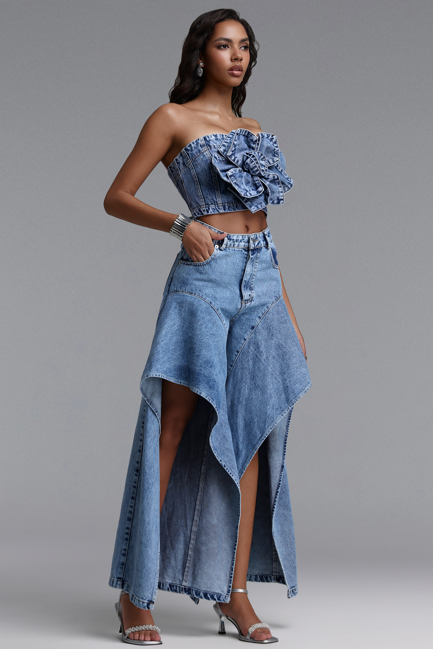 Pallas Chic Floral Slit Denim Top Or Pants 