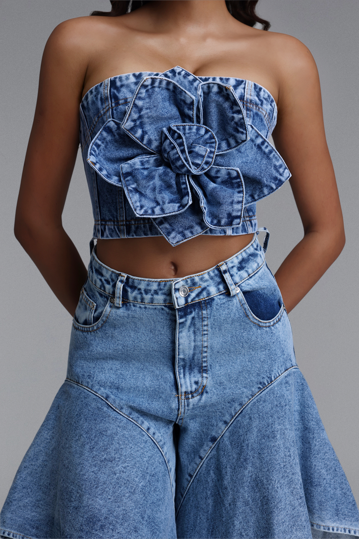 Pallas Chic Floral Slit Denim Top Or Pants 