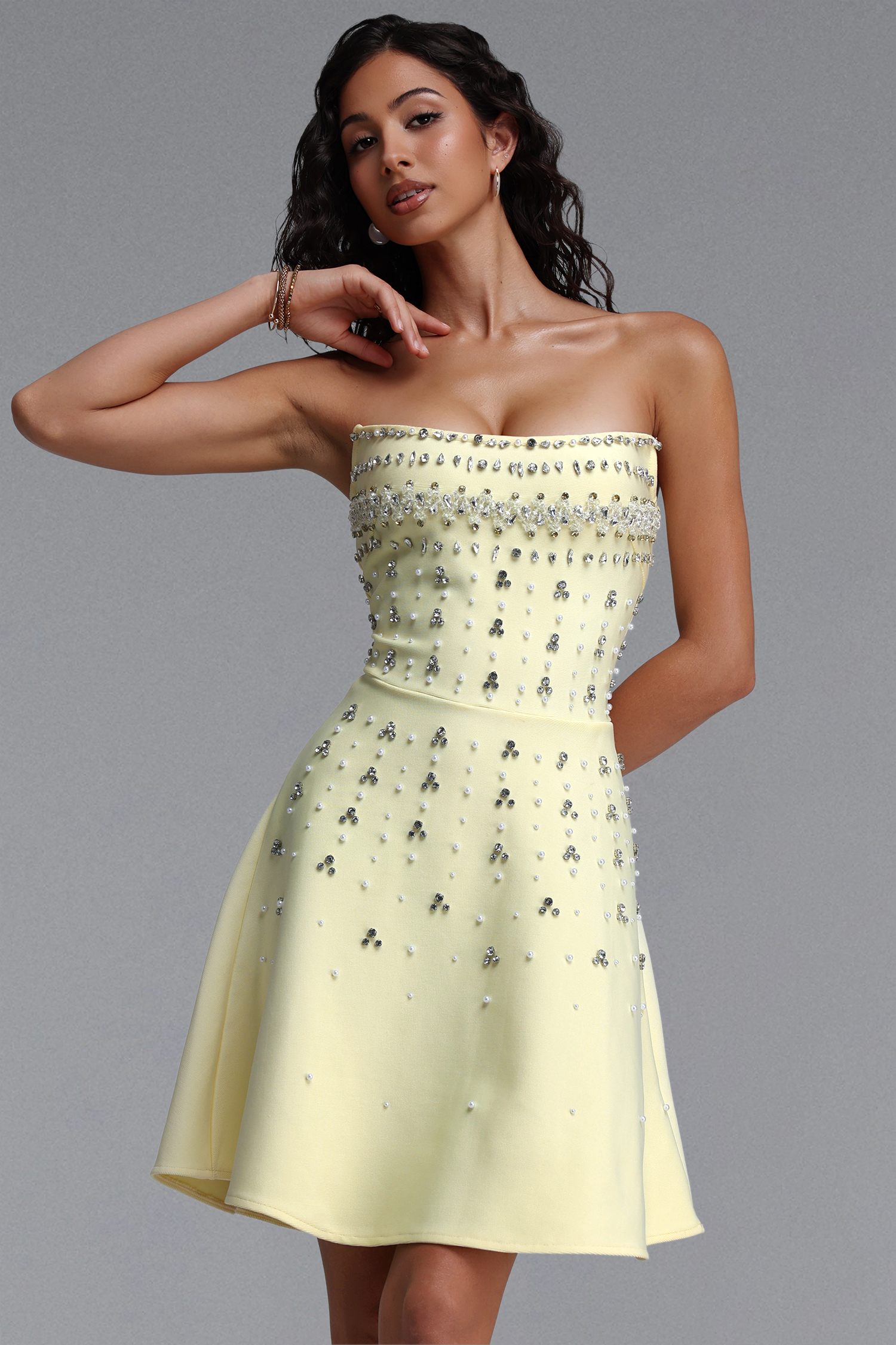 Zarinny Glamorous Contour Strapless Rhinestone Yellow Bandage Mini Dress