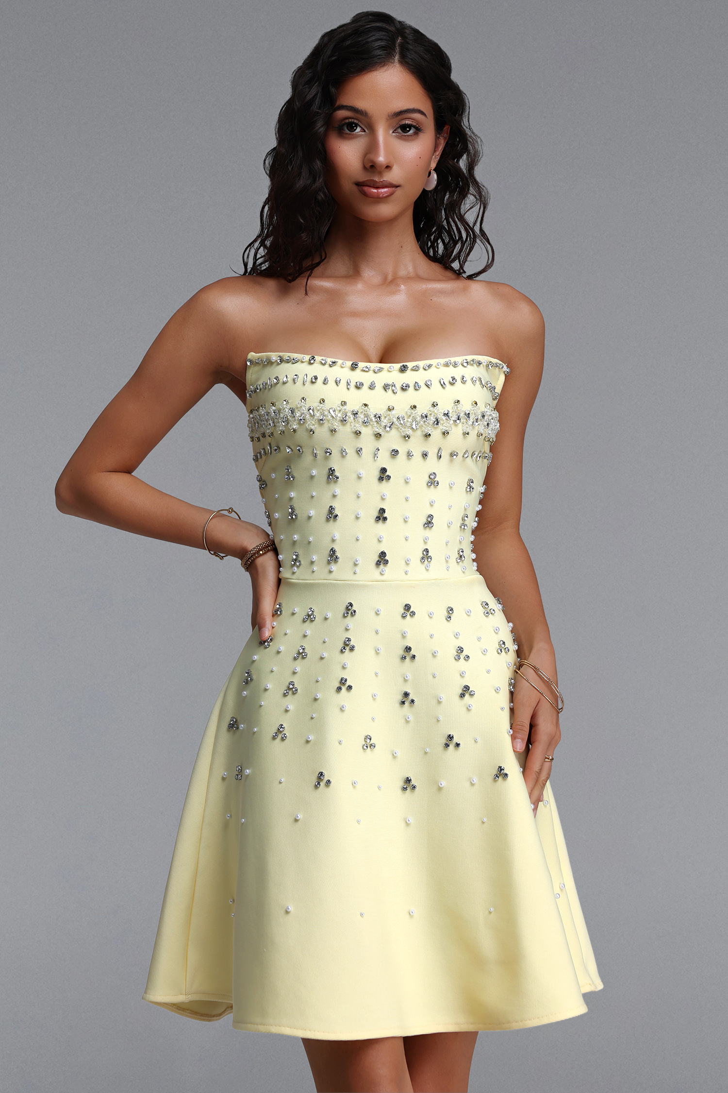 Zarinny Glamorous Contour Strapless Rhinestone Yellow Bandage Mini Dress