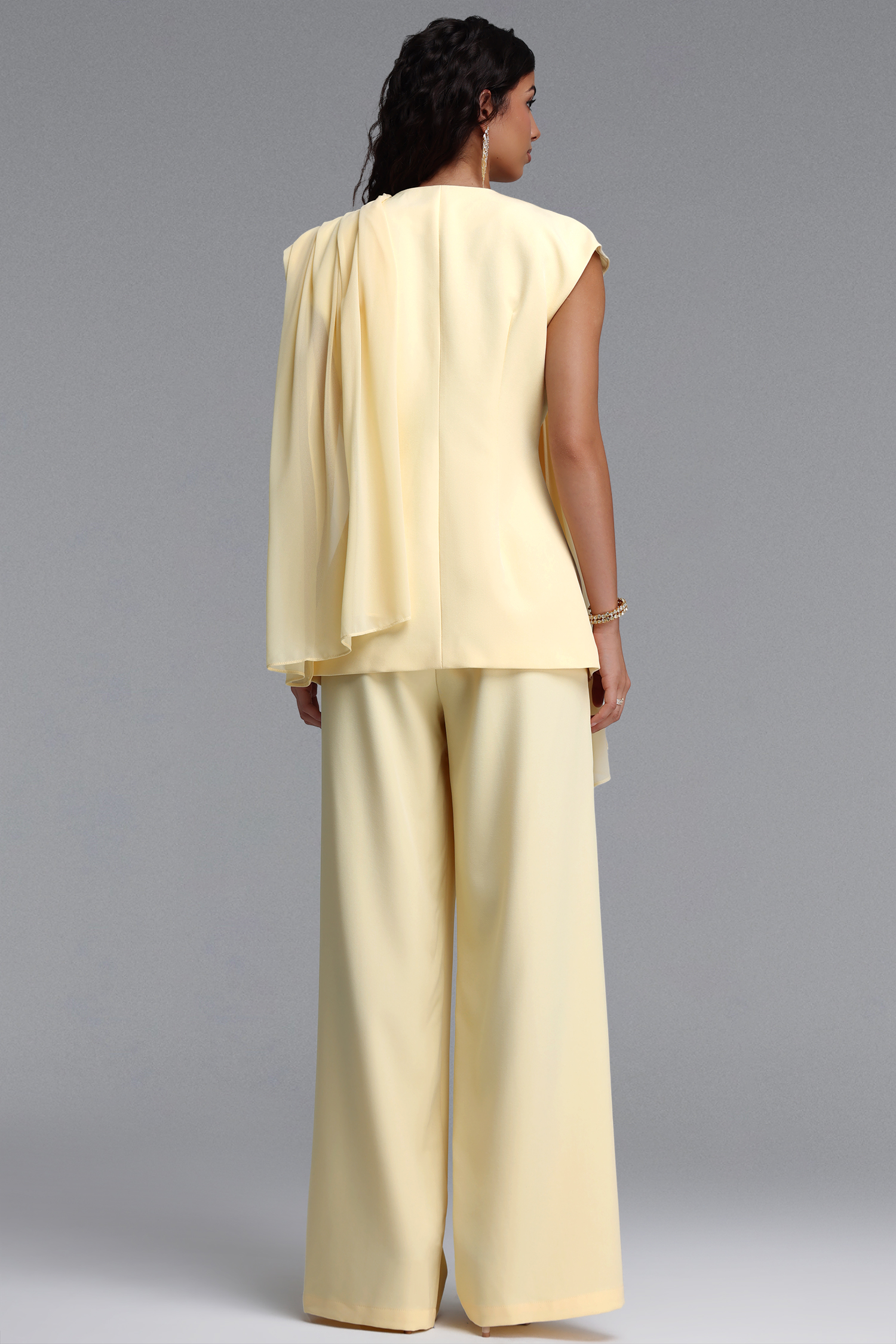 Viky Elegant Cinched-Waist Draped Cowl Neck Sleeveless Ribbon Blazer Set