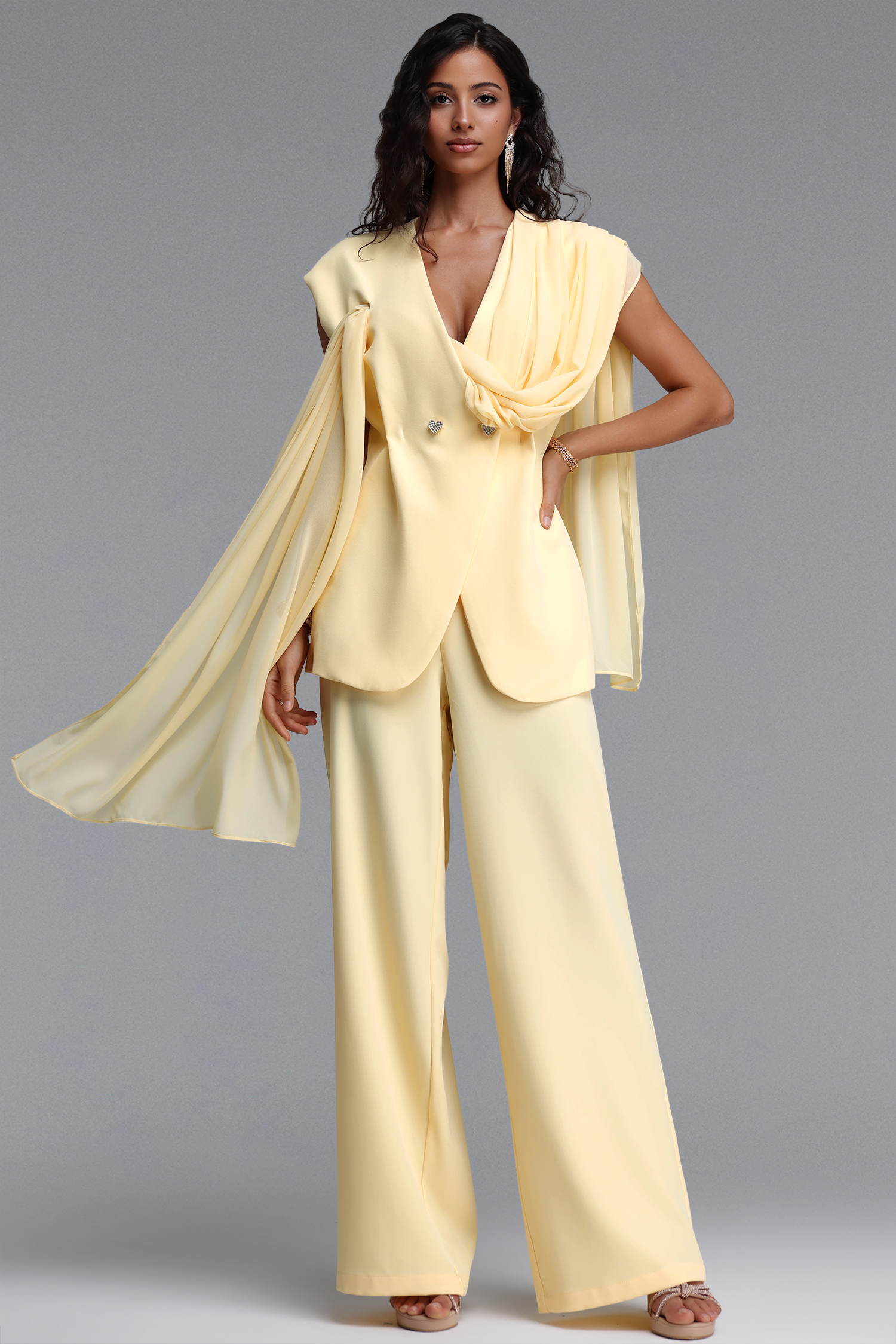 Viky Elegant Cinched-Waist Draped Cowl Neck Sleeveless Ribbon Blazer Set