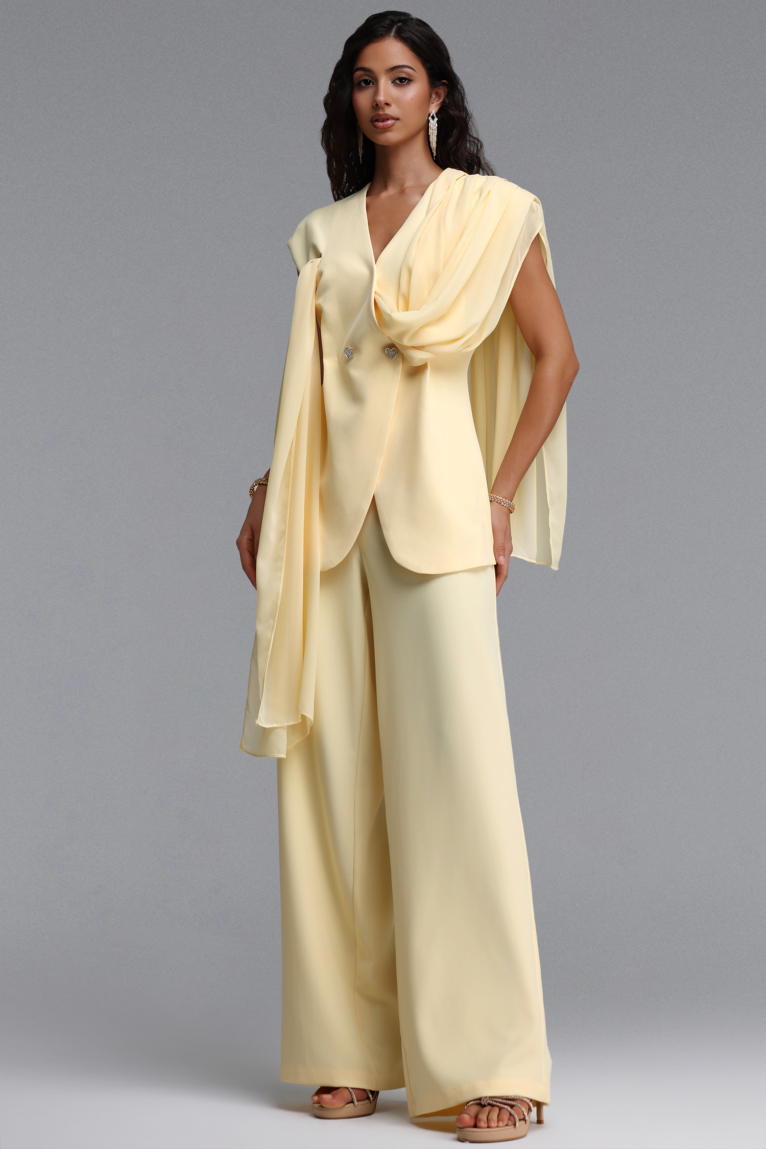 Viky Elegant Cinched-Waist Draped Cowl Neck Sleeveless Ribbon Blazer Set