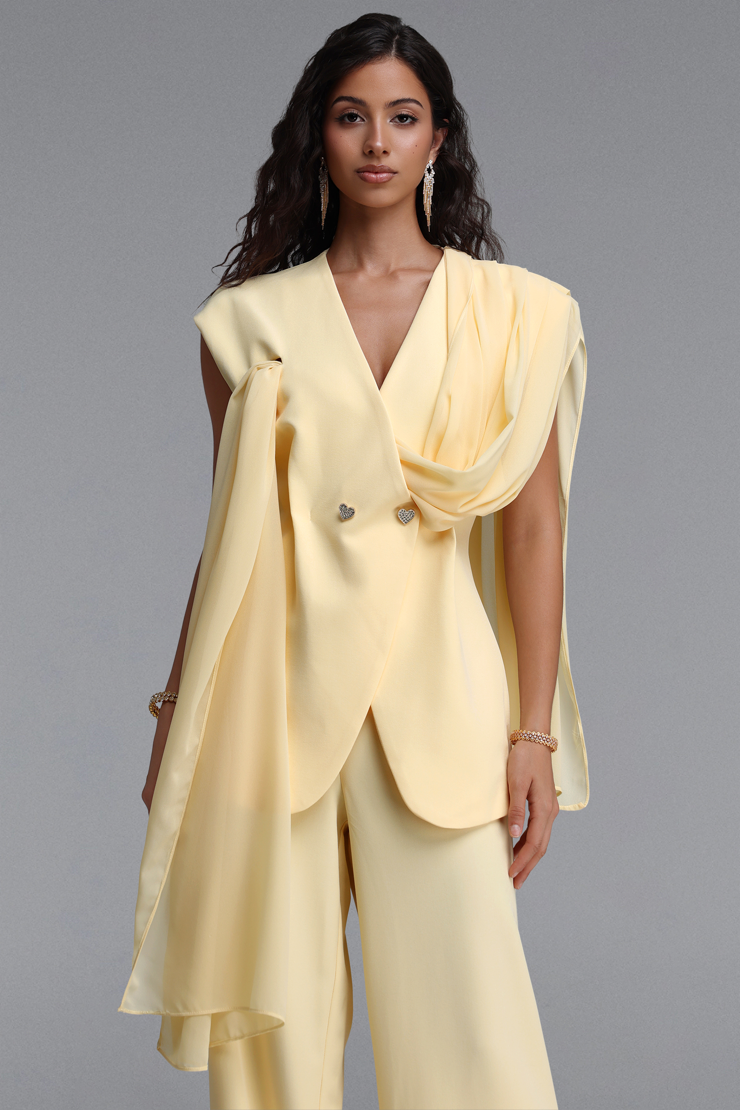 Viky Elegant Cinched-Waist Draped Cowl Neck Sleeveless Ribbon Blazer Set