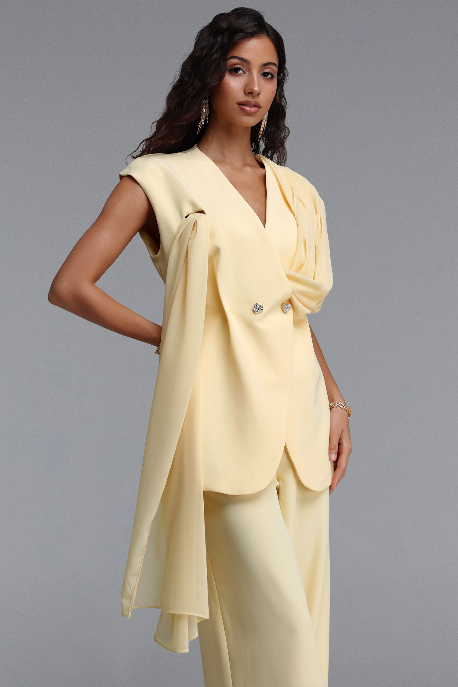 Viky Elegant Cinched-Waist Draped Cowl Neck Sleeveless Ribbon Blazer Set