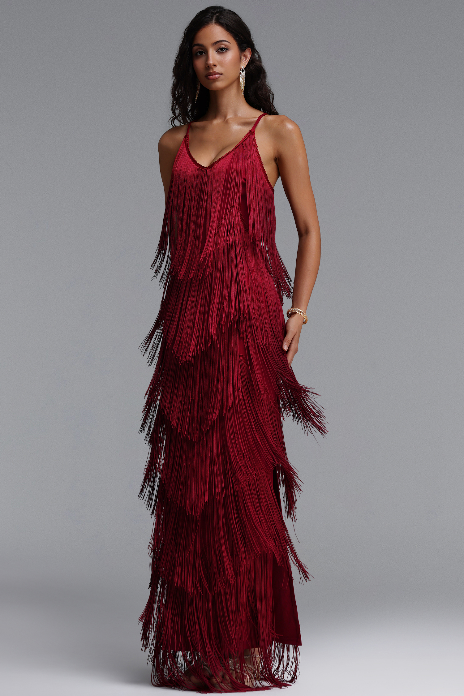 Alex Classic Contour V Neck Layered Fringe Bandage Red Maxi Dress