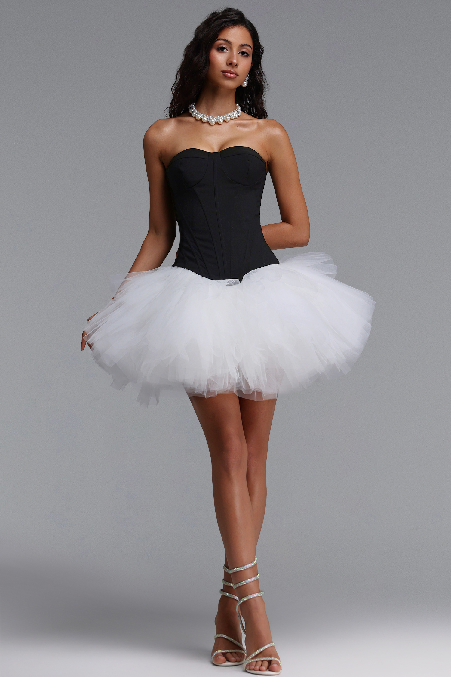 Wenesa Elegant Cinched-Waist Strapless Corset Top And Voluminous Tulle Mini Skirt Two-Piece Set