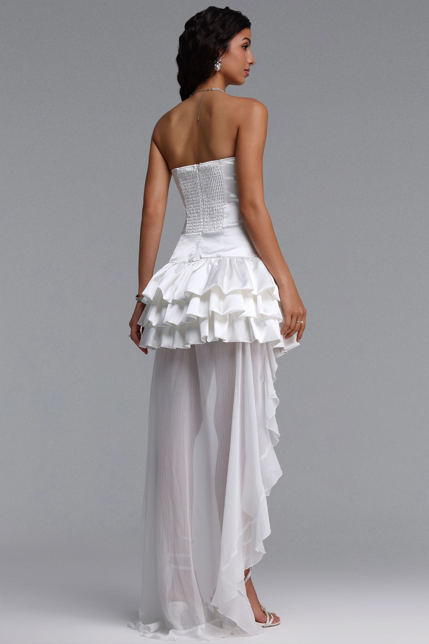 Traci Exquisite Cinched-Waist Strapless Lace Satin Mini Dress